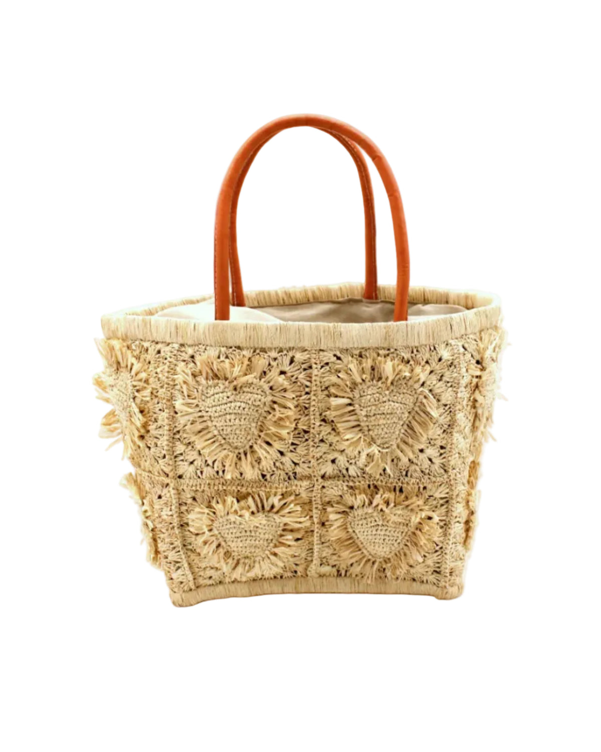 Hearts Crochet Straw Basket Bag with Fringed Heart Pattern handmade woven raffia in a solid hue of natural straw color with granny square pattern and raised/stuffed heart pattern with fringe edges on each heart, looped base and top binding, as well as leather handles purse beach bag shoulder bag - Shebobo