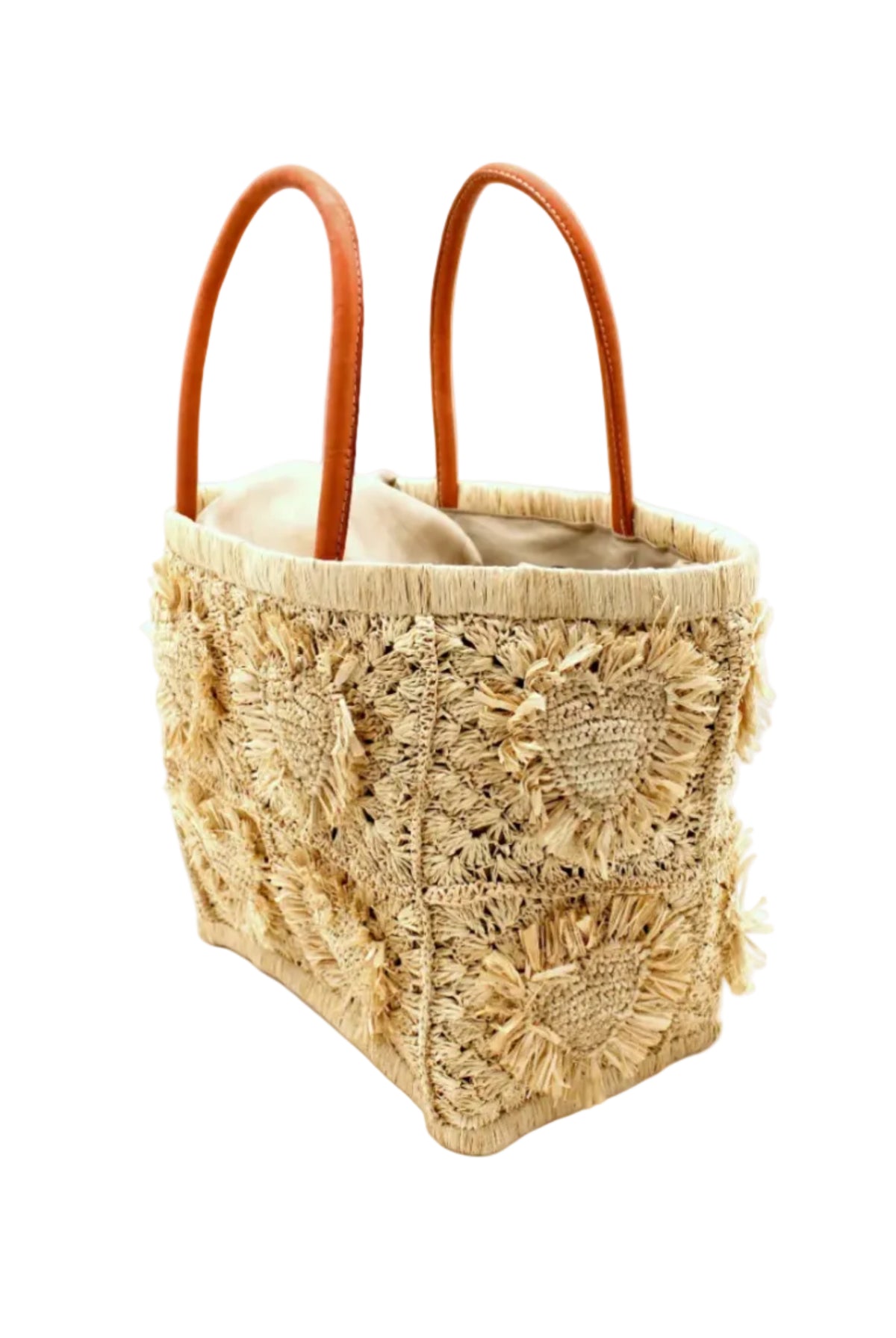 Side View Hearts Crochet Straw Basket Bag with Fringed Heart Pattern handmade woven raffia in a solid hue of natural straw color with granny square pattern and raised/stuffed heart pattern with fringe edges on each heart, looped base and top binding, as well as leather handles purse beach bag shoulder bag - Shebobo