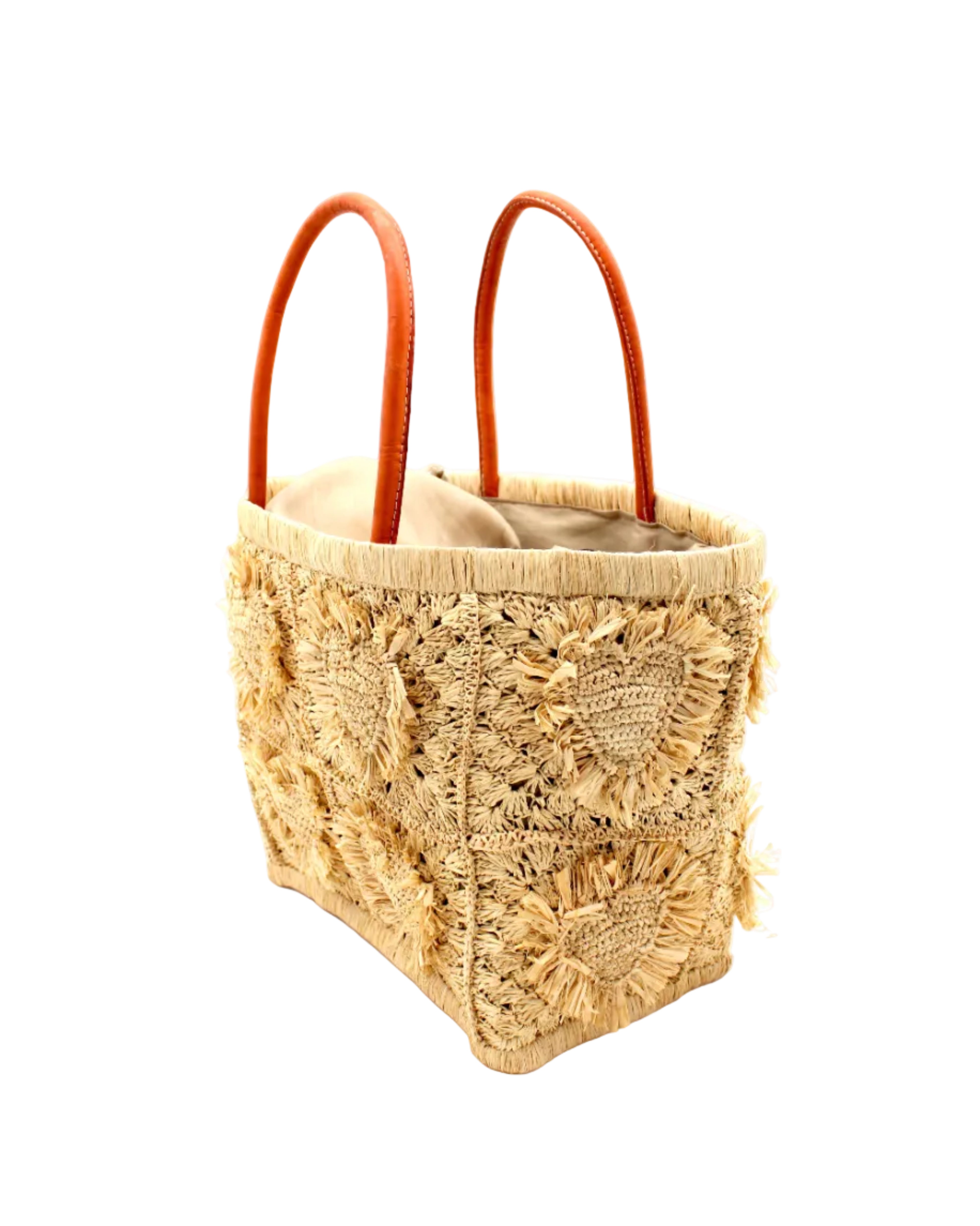 Side View Hearts Crochet Straw Basket Bag with Fringed Heart Pattern handmade woven raffia in a solid hue of natural straw color with granny square pattern and raised/stuffed heart pattern with fringe edges on each heart, looped base and top binding, as well as leather handles purse beach bag shoulder bag - Shebobo