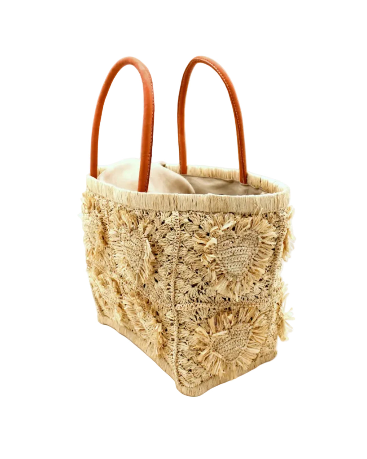 Side View Hearts Crochet Straw Basket Bag with Fringed Heart Pattern handmade woven raffia in a solid hue of natural straw color with granny square pattern and raised/stuffed heart pattern with fringe edges on each heart, looped base and top binding, as well as leather handles purse beach bag shoulder bag - Shebobo