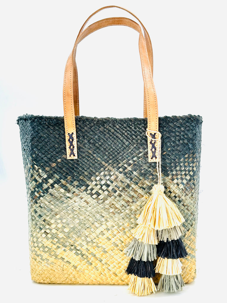 Holden Ombre Black Straw Handbag Tassel Charm Embellishment handmade woven raffia dip dyed gradient of black, grey, and natural with matching multicolored, multi-tiered raffia tuft tassel - Shebobo