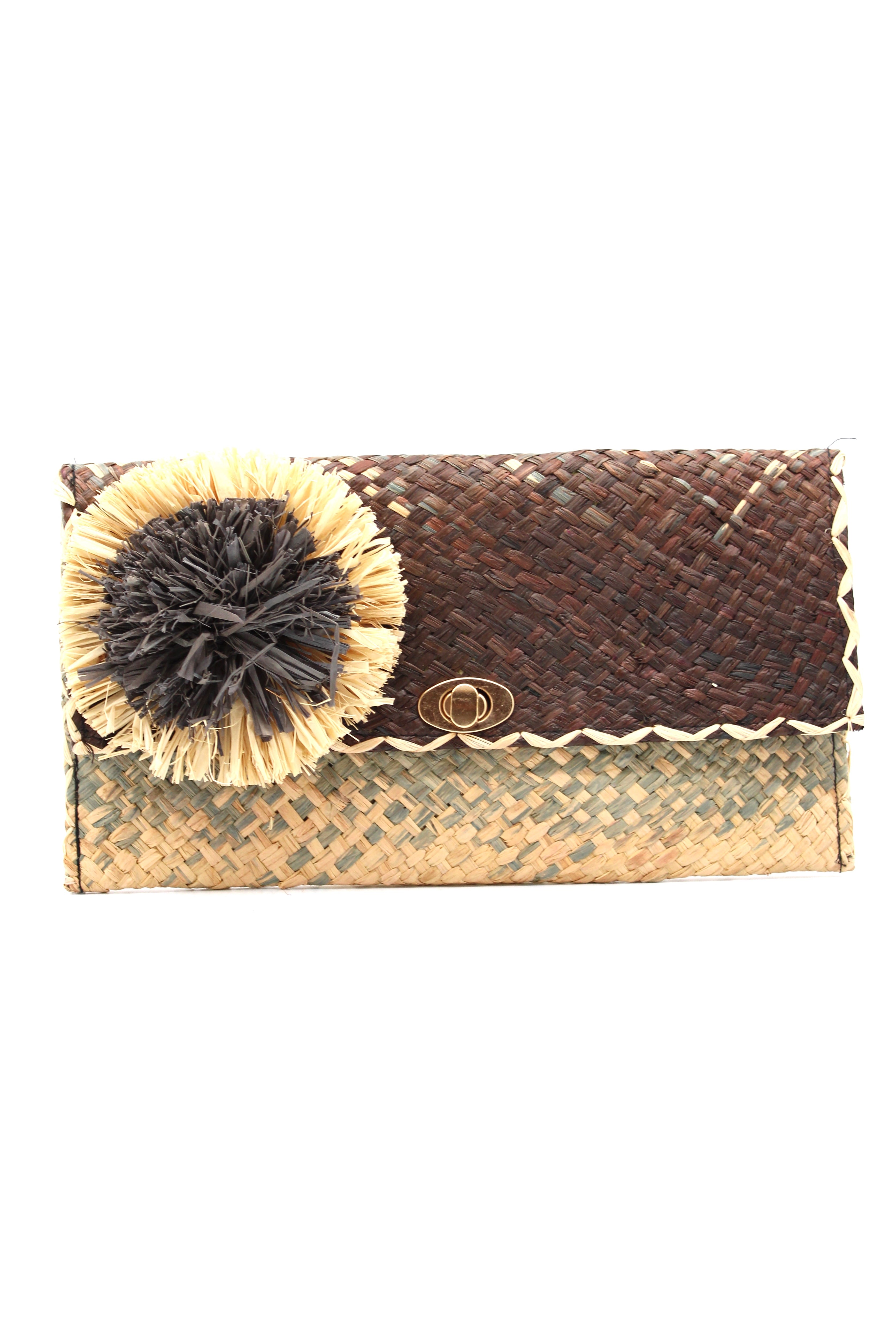 Holden Ombre Black Straw Clutch with Flower Pouf handmade woven raffia dip dyed gradient of black, grey, and natural with large two tone natural and grey fringe flower embellishment - Shebobo