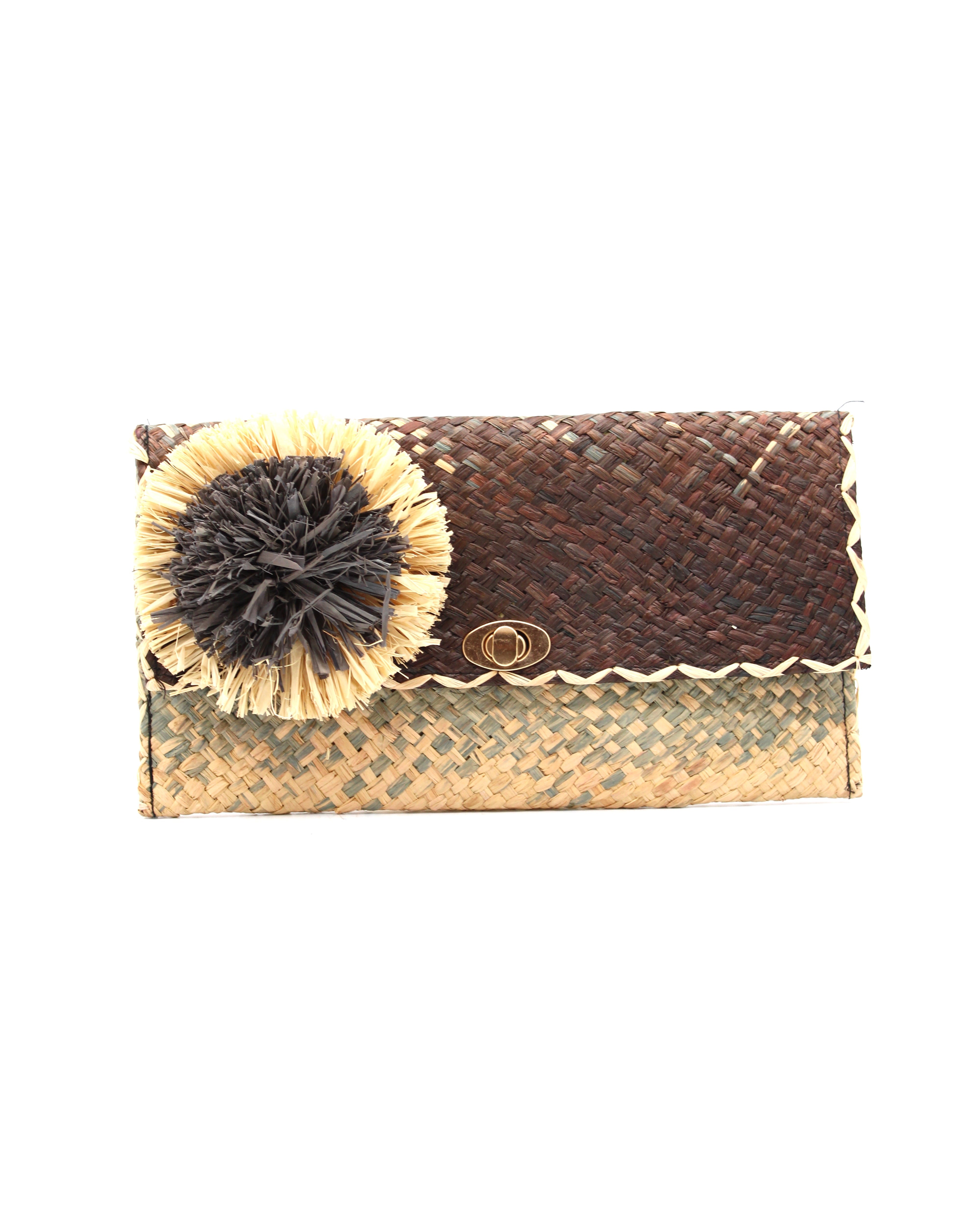 Holden Ombre Black Straw Clutch with Flower Pouf handmade woven raffia dip dyed gradient of black, grey, and natural with large two tone natural and grey fringe flower embellishment - Shebobo