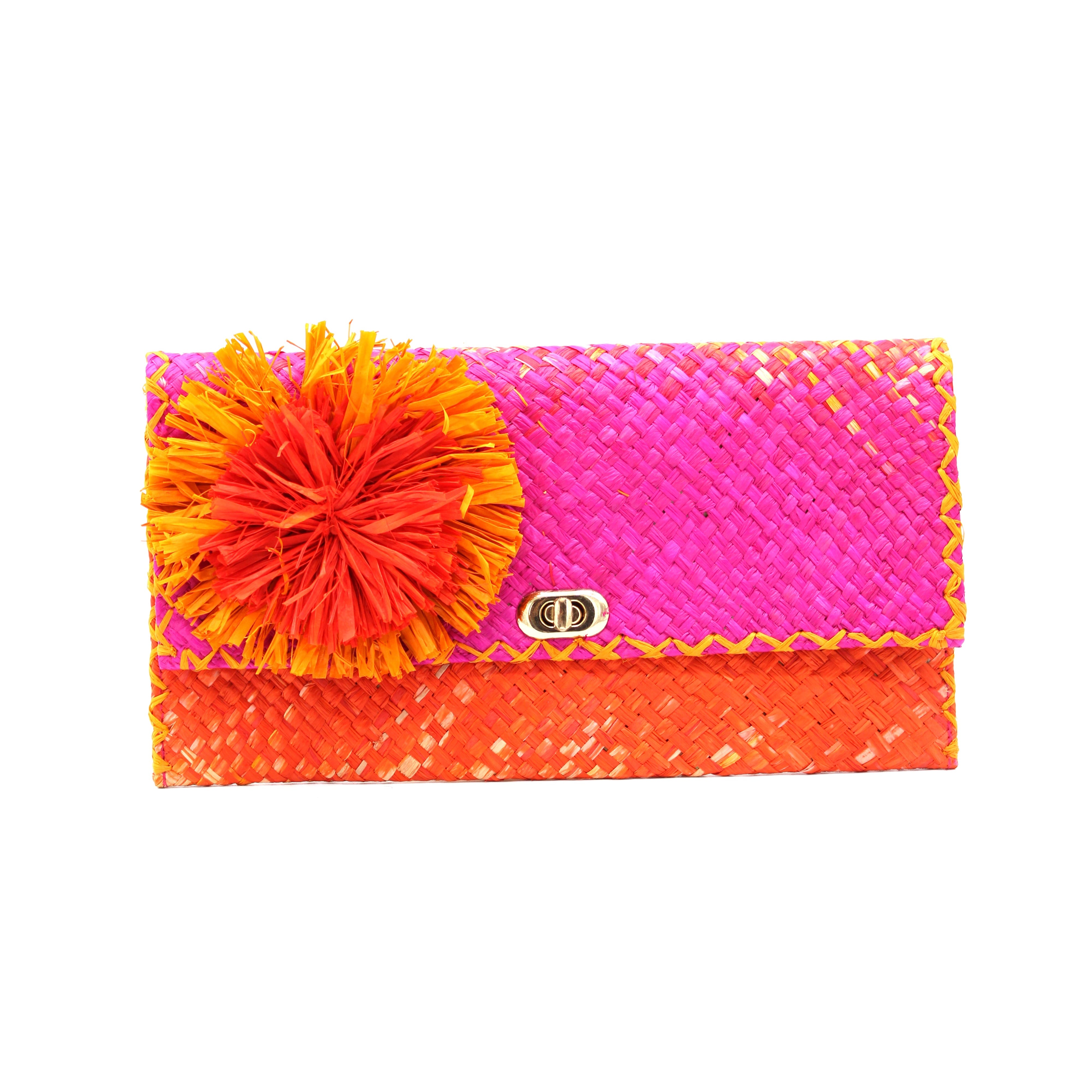 Holden Ombre Fuchsia Straw Clutch with Flower Pouf handmade woven raffia dip dyed gradient of fuchsia bright/barbie/pink, saffron yellow, and coral orange/red with large coral and fuchsia fringe flower embellishment - Shebobo