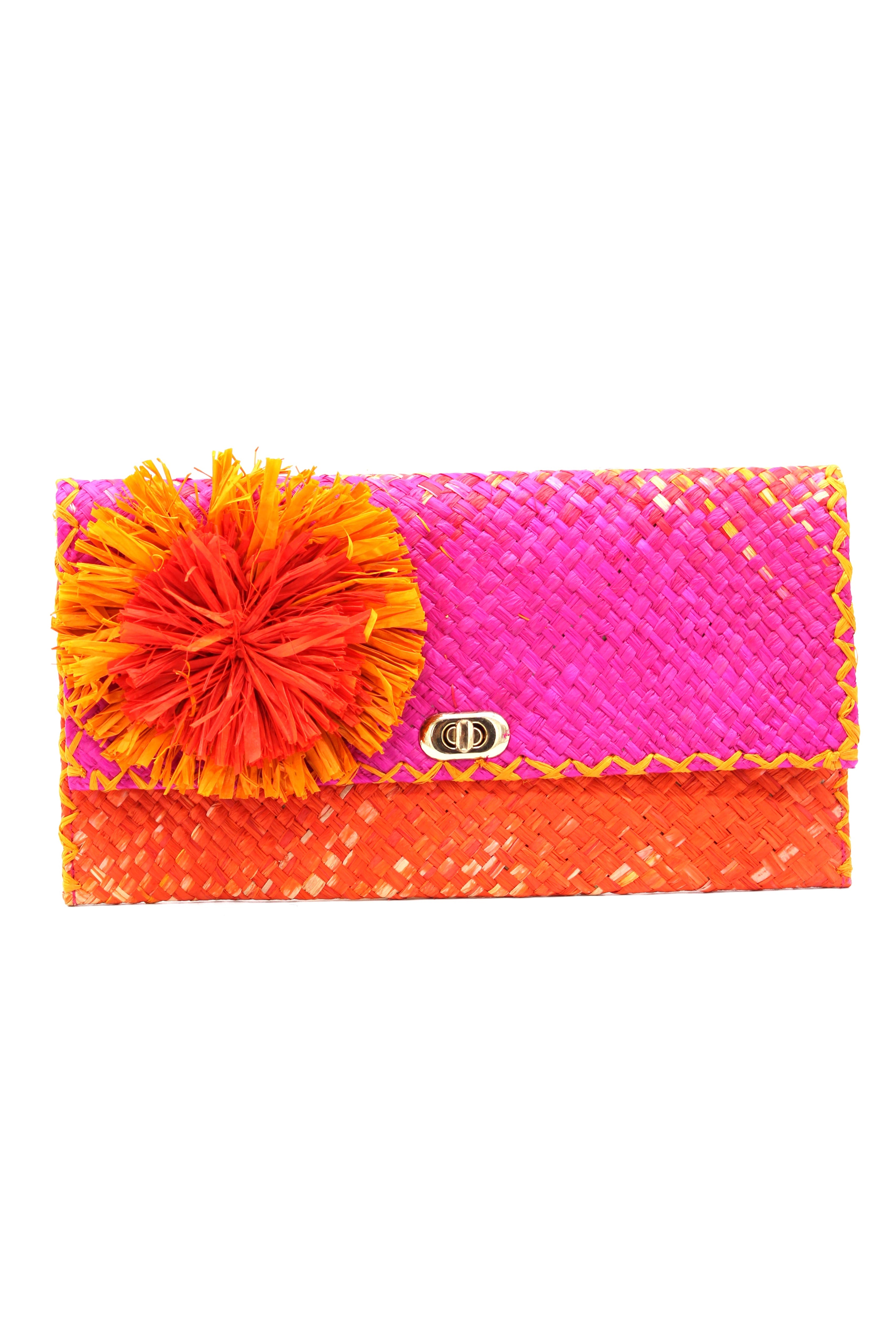 Holden Ombre Fuchsia Straw Clutch with Flower Pouf handmade woven raffia dip dyed gradient of fuchsia bright/barbie/pink, saffron yellow, and coral orange/red with large coral and fuchsia fringe flower embellishment - Shebobo