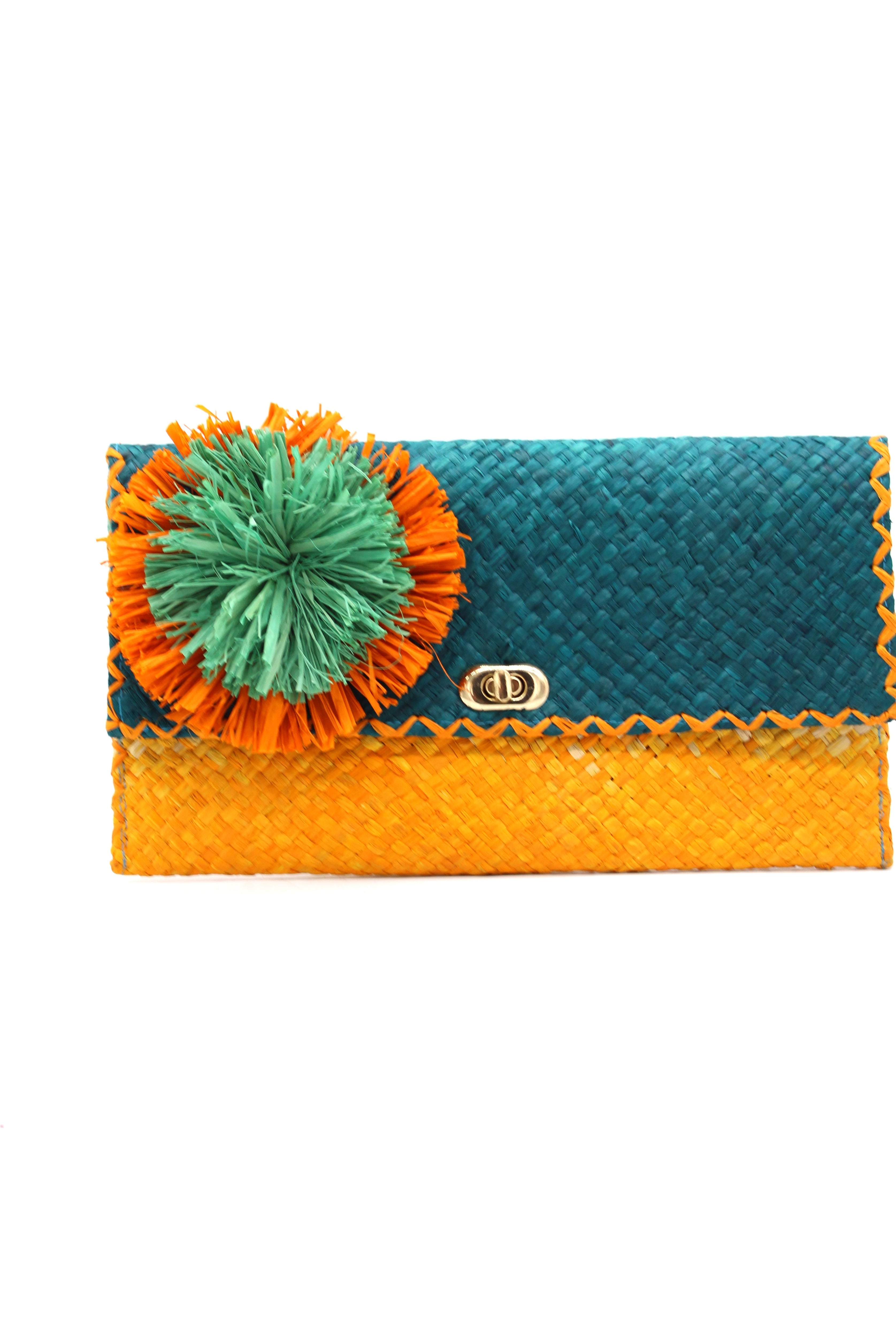 Holden Ombre Turquoise Straw Clutch with Flower Pouf handmade woven raffia dip dyed gradient of turquoise blue, seafoam blue/green, and saffron yellow with large saffron and seafoam fringe flower embellishment - Shebobo