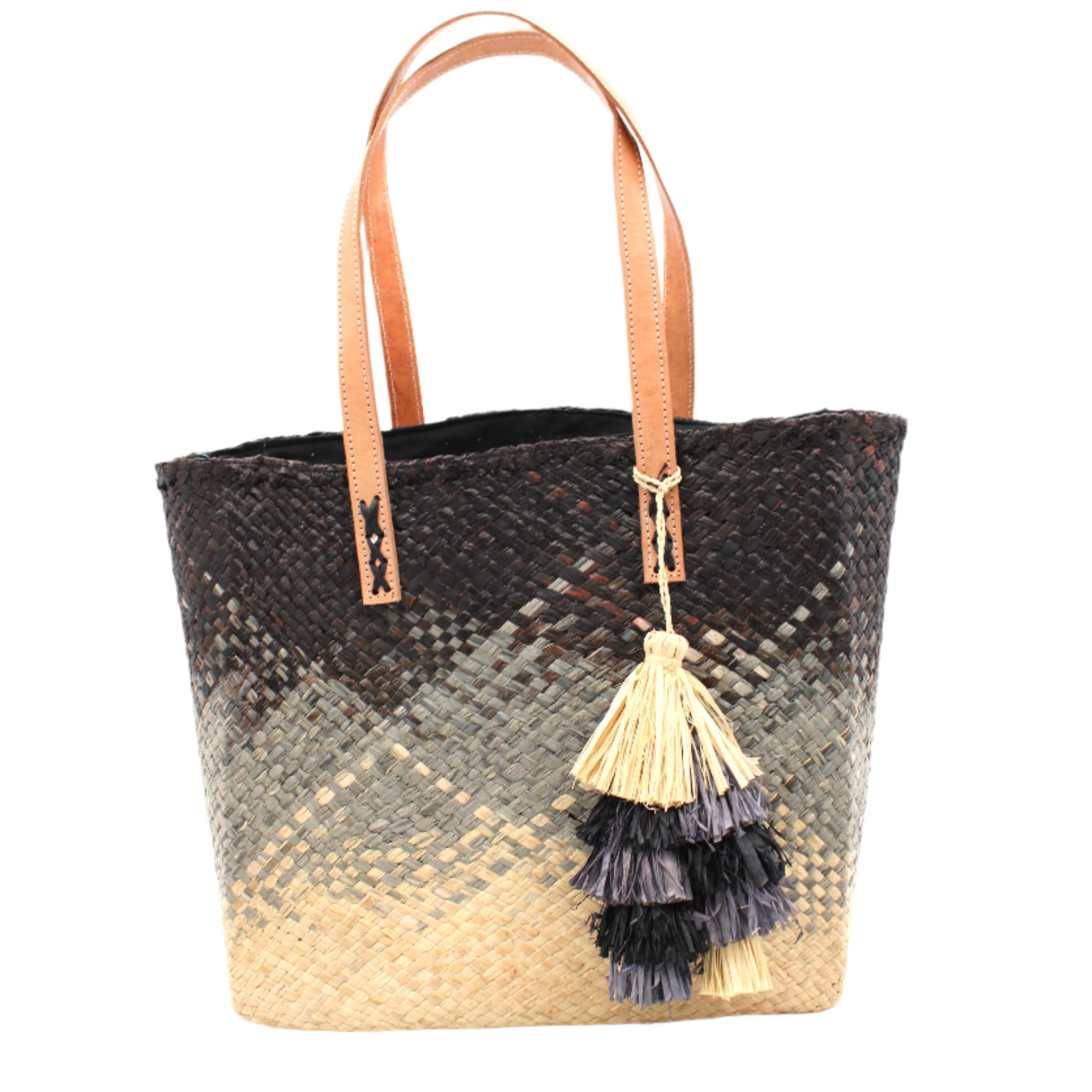 Holden Ombre Black Straw Handbag Tassel Charm Embellishment handmade woven raffia dip dyed gradient of black, grey, and natural with matching multicolored, multi-tiered raffia tuft tassel - Shebobo