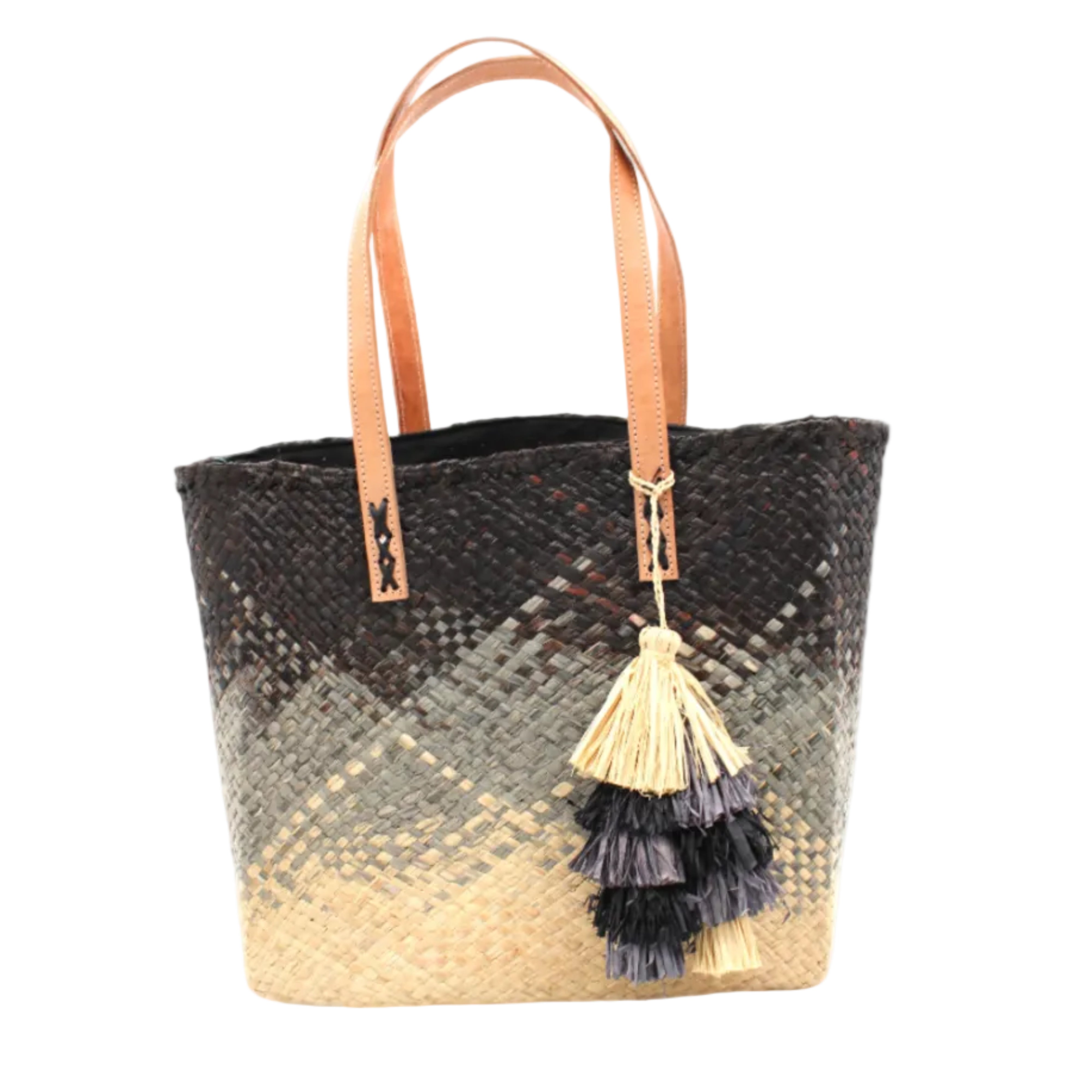 Holden Ombre Black Straw Handbag Tassel Charm Embellishment handmade woven raffia dip dyed gradient of black, grey, and natural with matching multicolored, multi-tiered raffia tuft tassel - Shebobo
