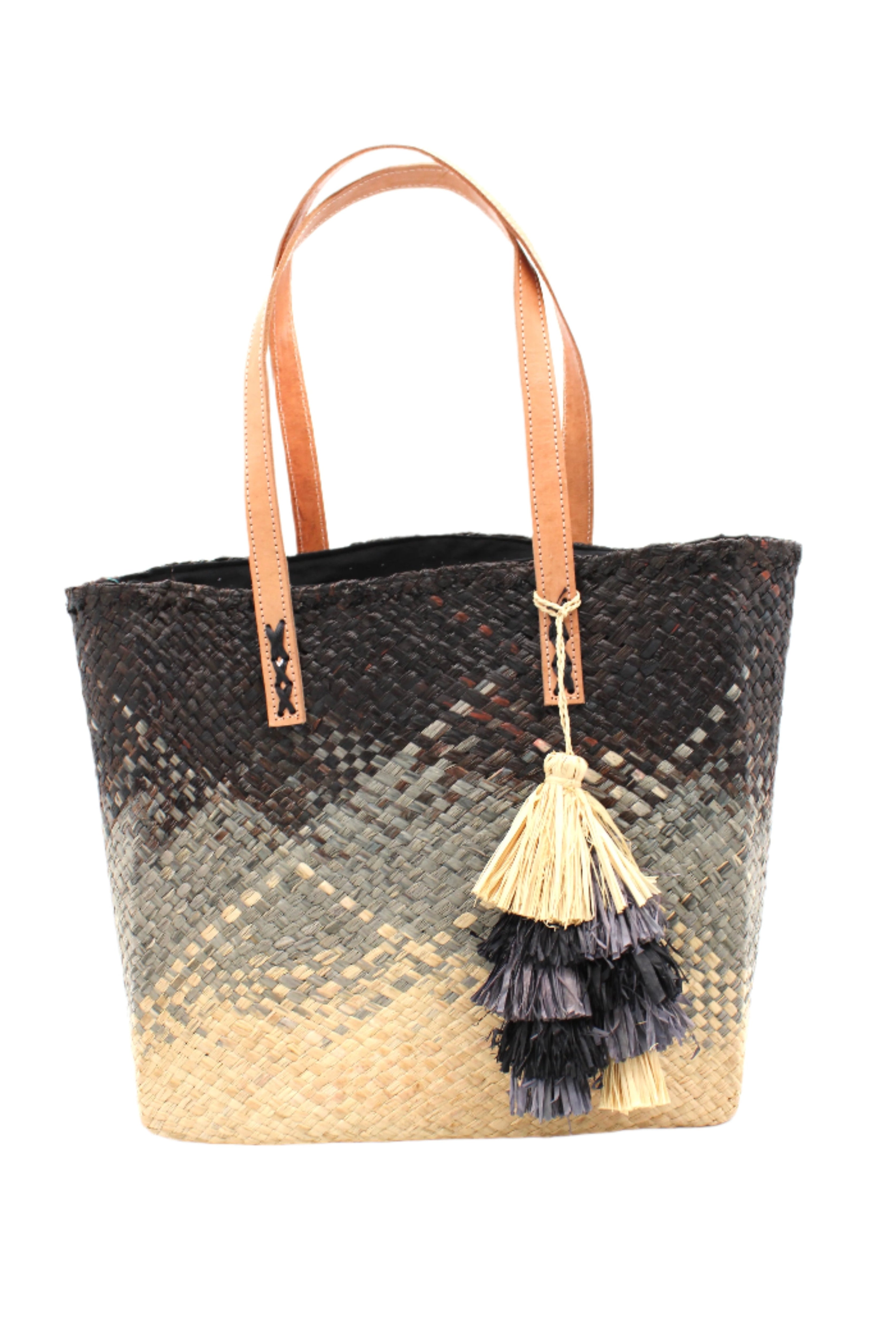 Holden Ombre Black Straw Handbag Tassel Charm Embellishment handmade woven raffia dip dyed gradient of black, grey, and natural with matching multicolored, multi-tiered raffia tuft tassel - Shebobo