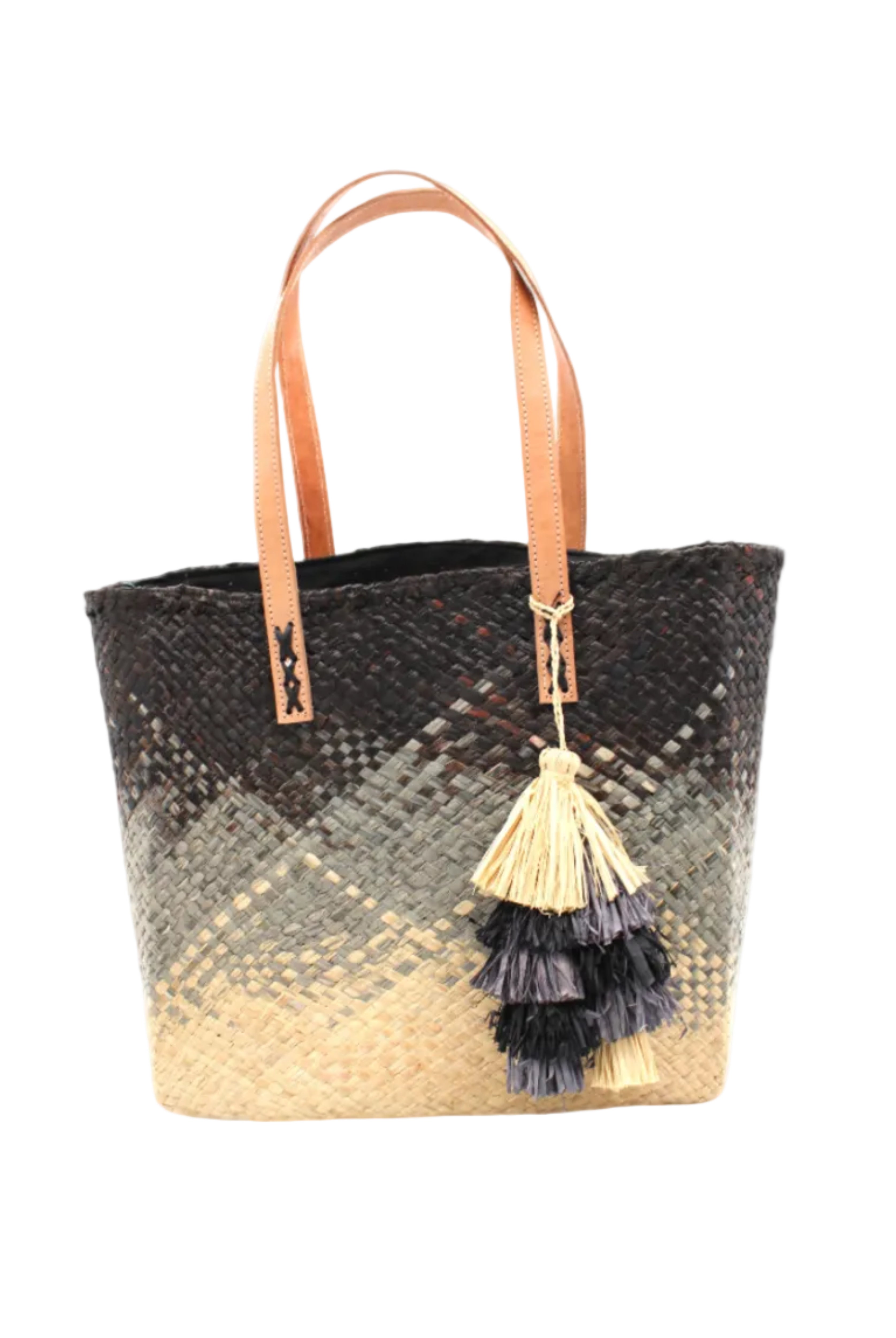 Holden Ombre Black Straw Handbag Tassel Charm Embellishment handmade woven raffia dip dyed gradient of black, grey, and natural with matching multicolored, multi-tiered raffia tuft tassel - Shebobo
