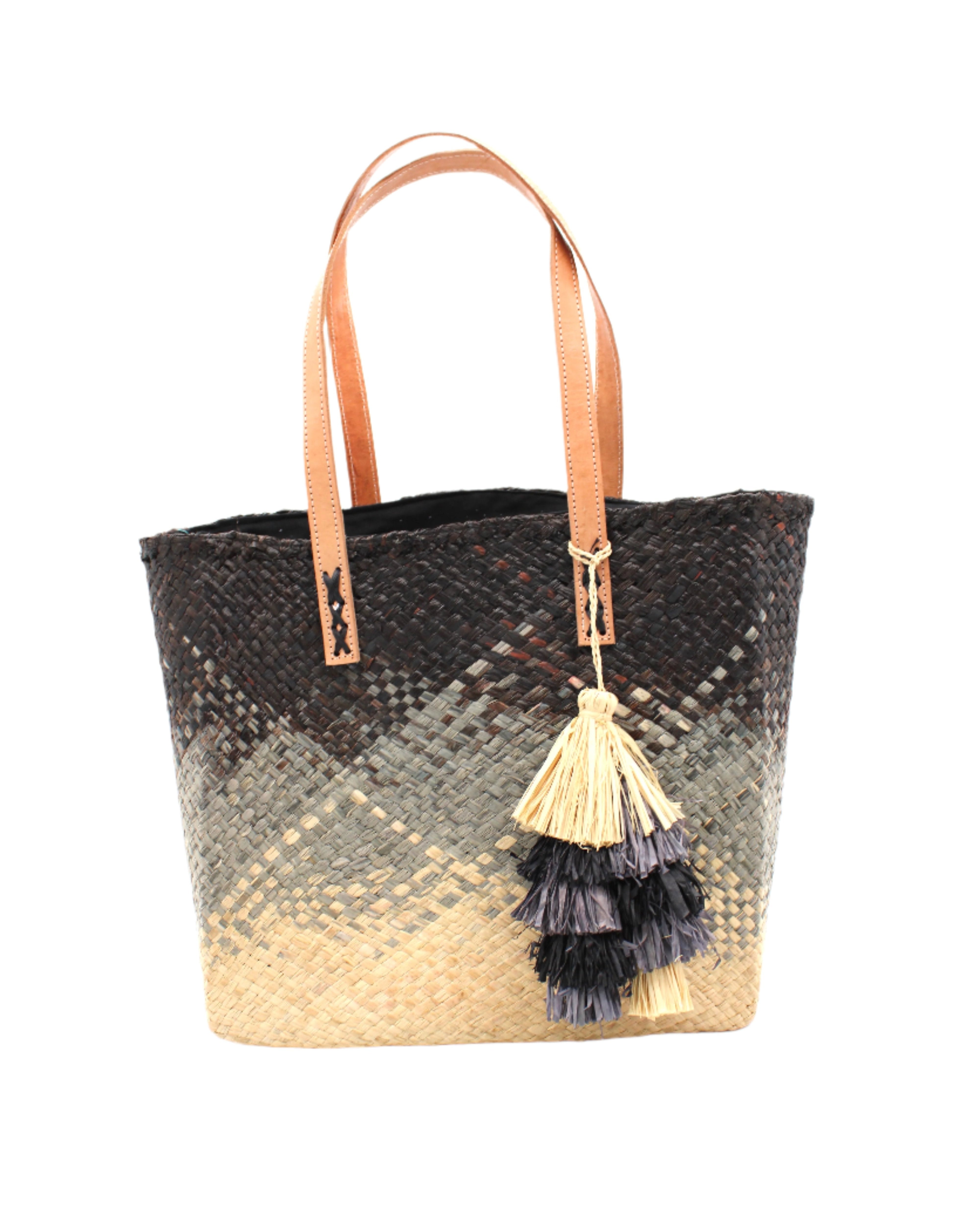 Holden Ombre Black Straw Handbag Tassel Charm Embellishment handmade woven raffia dip dyed gradient of black, grey, and natural with matching multicolored, multi-tiered raffia tuft tassel - Shebobo