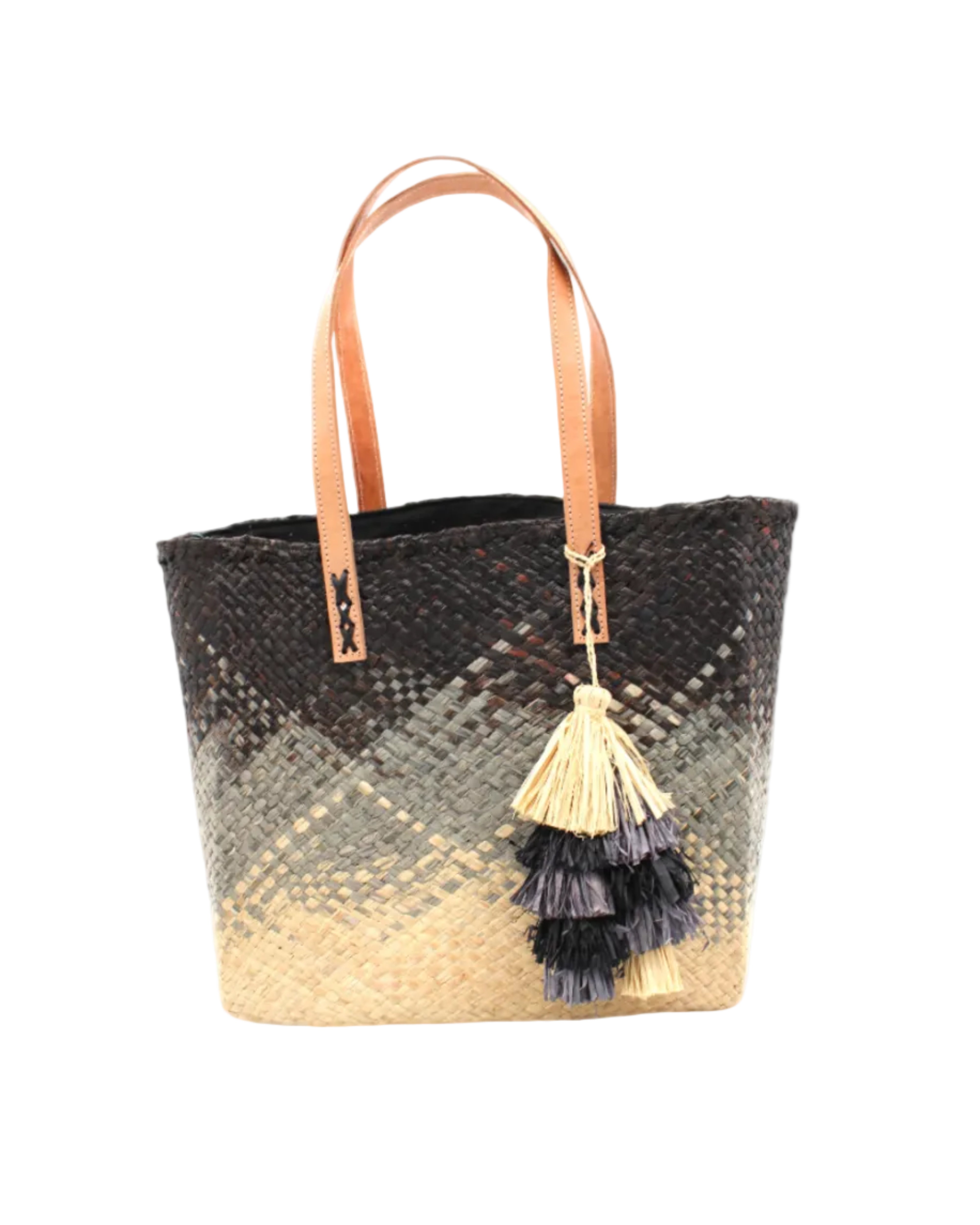 Holden Ombre Black Straw Handbag Tassel Charm Embellishment handmade woven raffia dip dyed gradient of black, grey, and natural with matching multicolored, multi-tiered raffia tuft tassel - Shebobo
