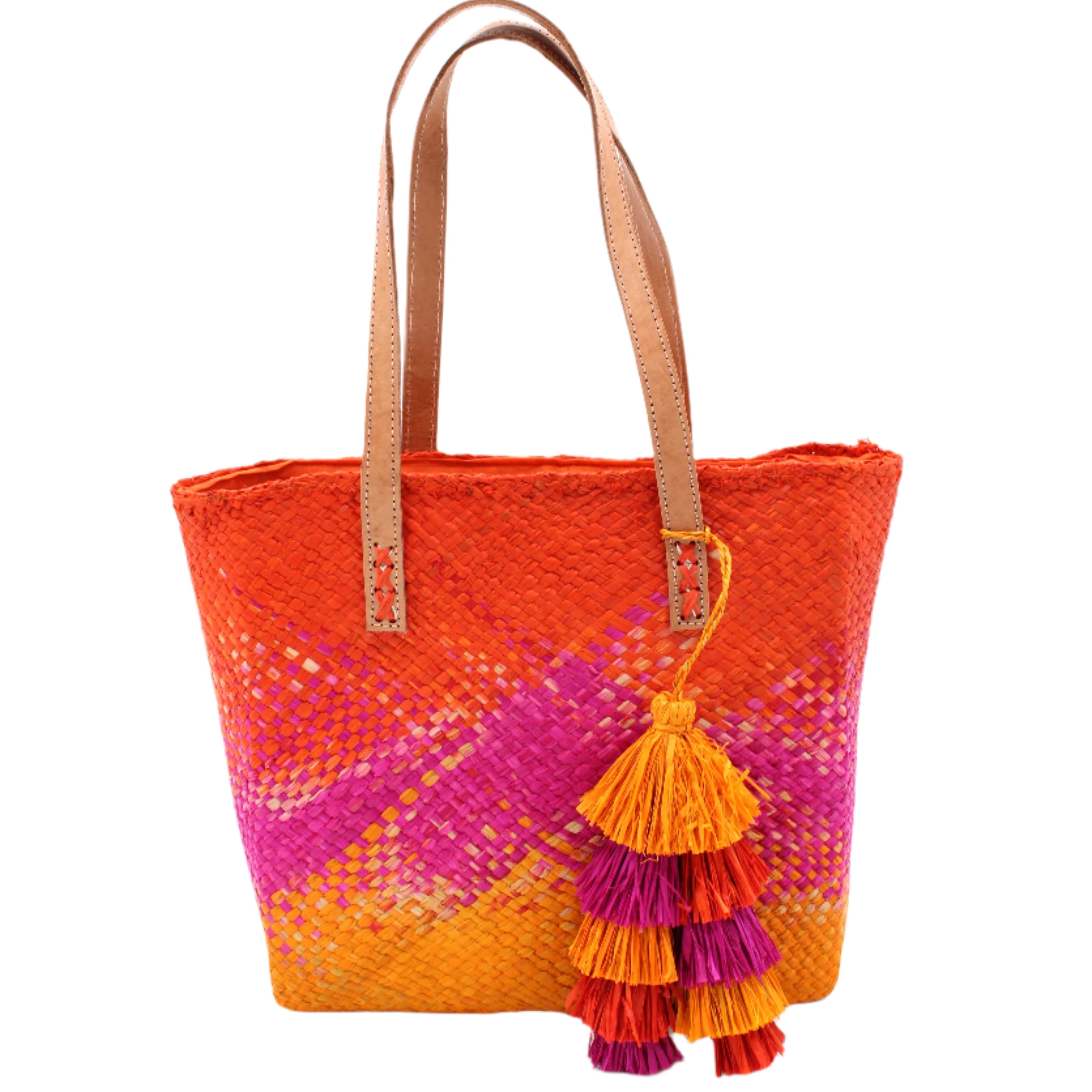 Holden Ombre Fuchsia Straw Handbag Tassel Charm Embellishment handmade woven raffia dip dyed gradient of coral orange/red, fuchsia bright pink, and saffron yellow with matching multicolored, multi-tiered raffia tuft tassel - Shebobo