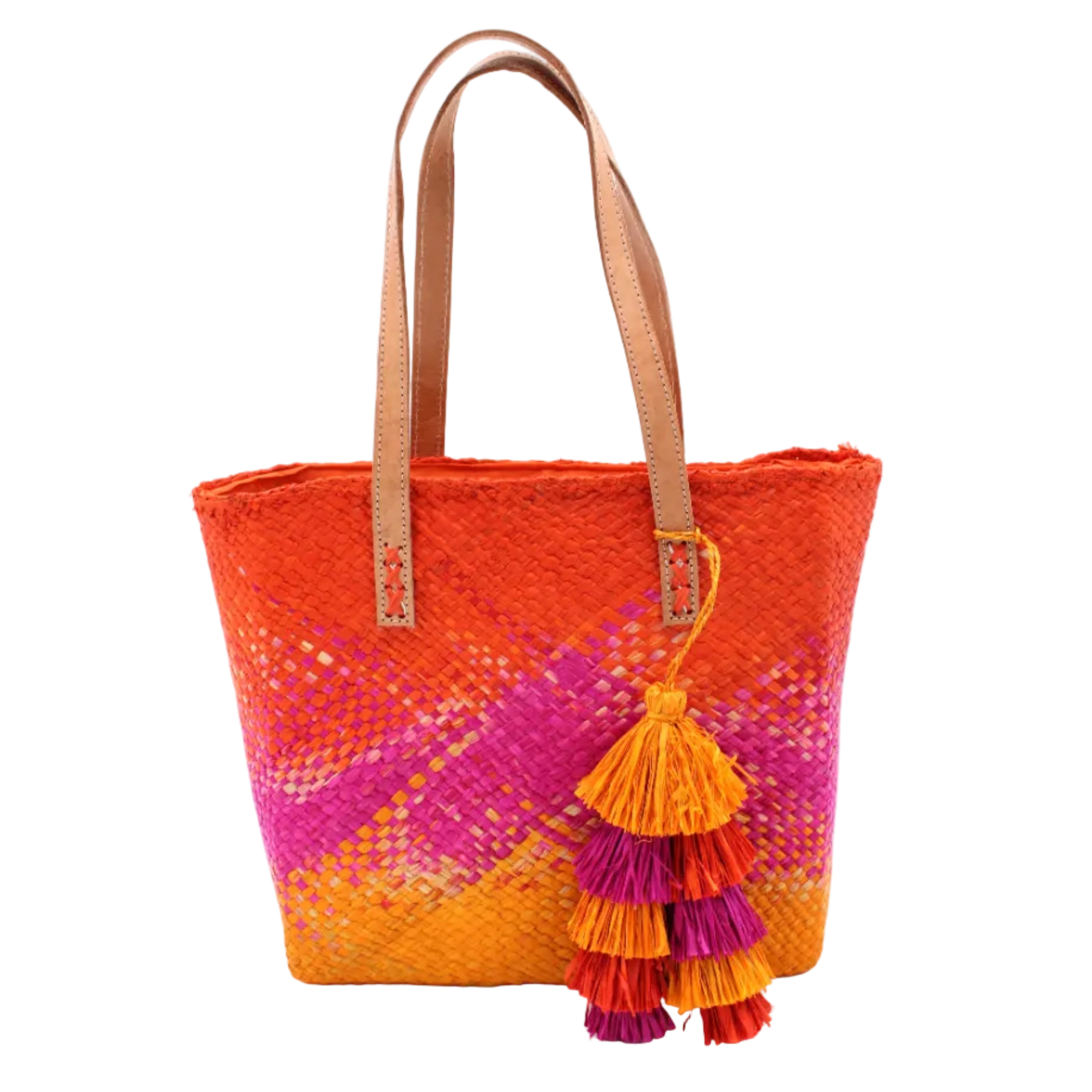 Holden Ombre Fuchsia Straw Handbag Tassel Charm Embellishment handmade woven raffia dip dyed gradient of coral orange/red, fuchsia bright pink, and saffron yellow with matching multicolored, multi-tiered raffia tuft tassel - Shebobo
