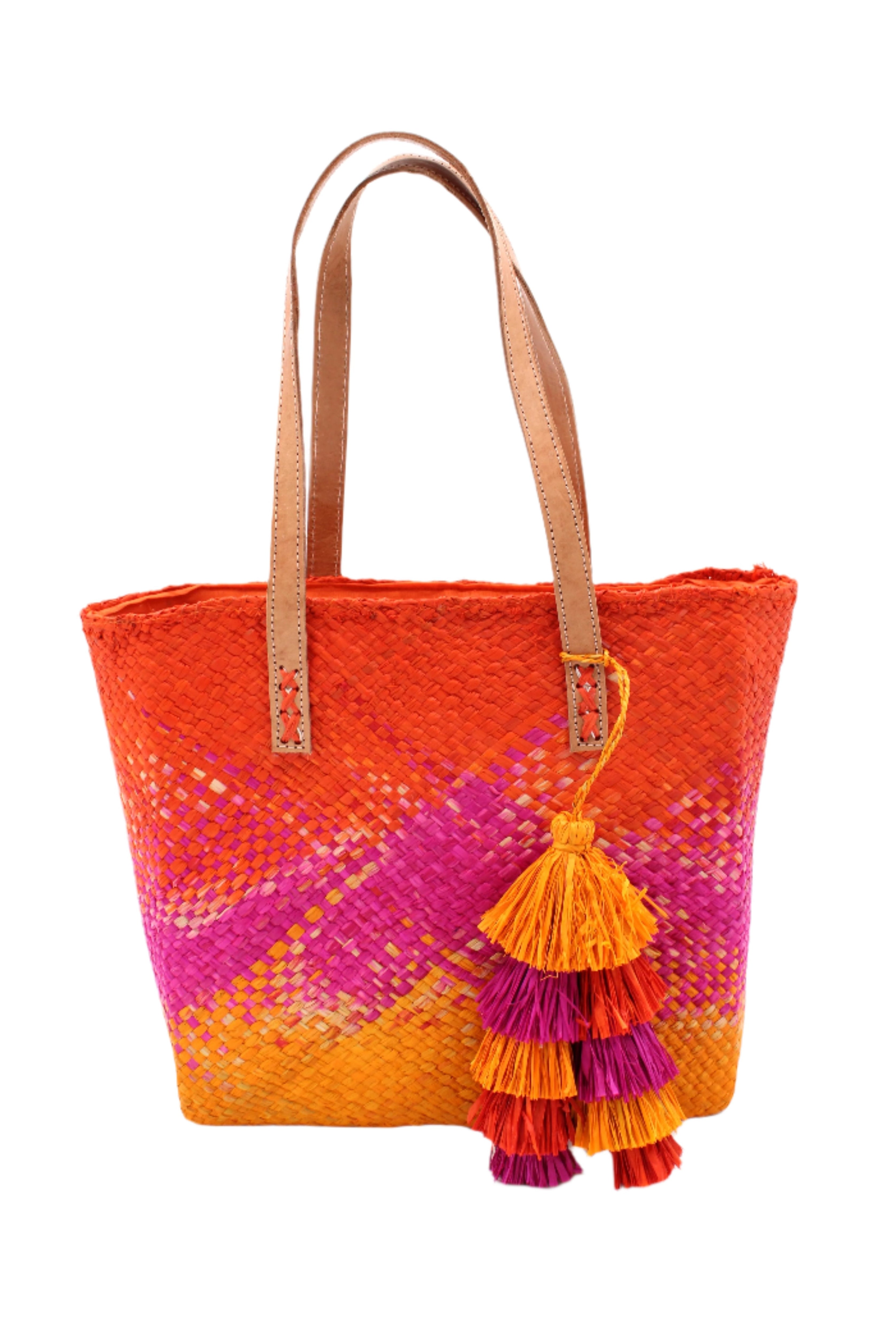Holden Ombre Fuchsia Straw Handbag Tassel Charm Embellishment handmade woven raffia dip dyed gradient of coral orange/red, fuchsia bright pink, and saffron yellow with matching multicolored, multi-tiered raffia tuft tassel - Shebobo