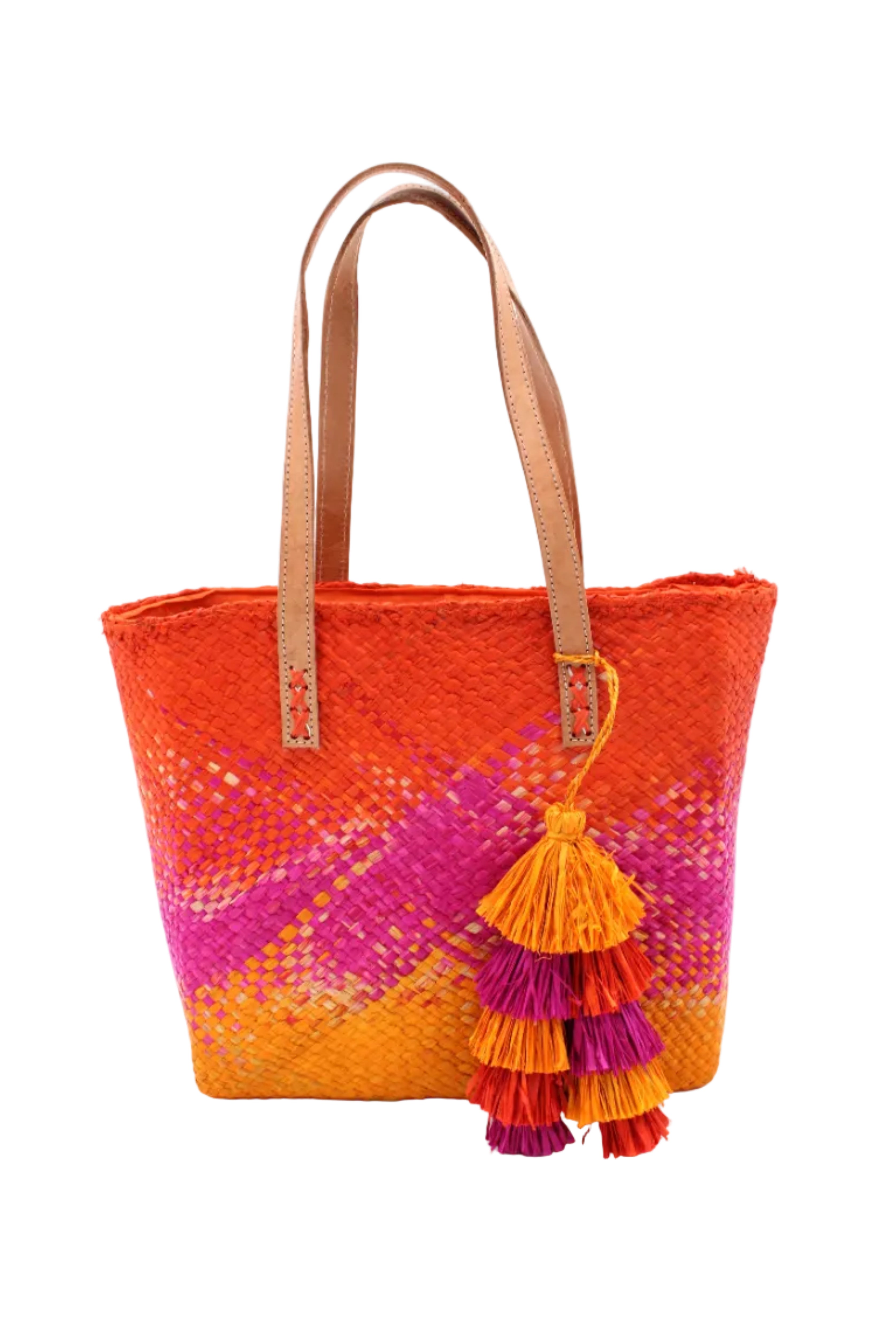 Holden Ombre Fuchsia Straw Handbag Tassel Charm Embellishment handmade woven raffia dip dyed gradient of coral orange/red, fuchsia bright pink, and saffron yellow with matching multicolored, multi-tiered raffia tuft tassel - Shebobo