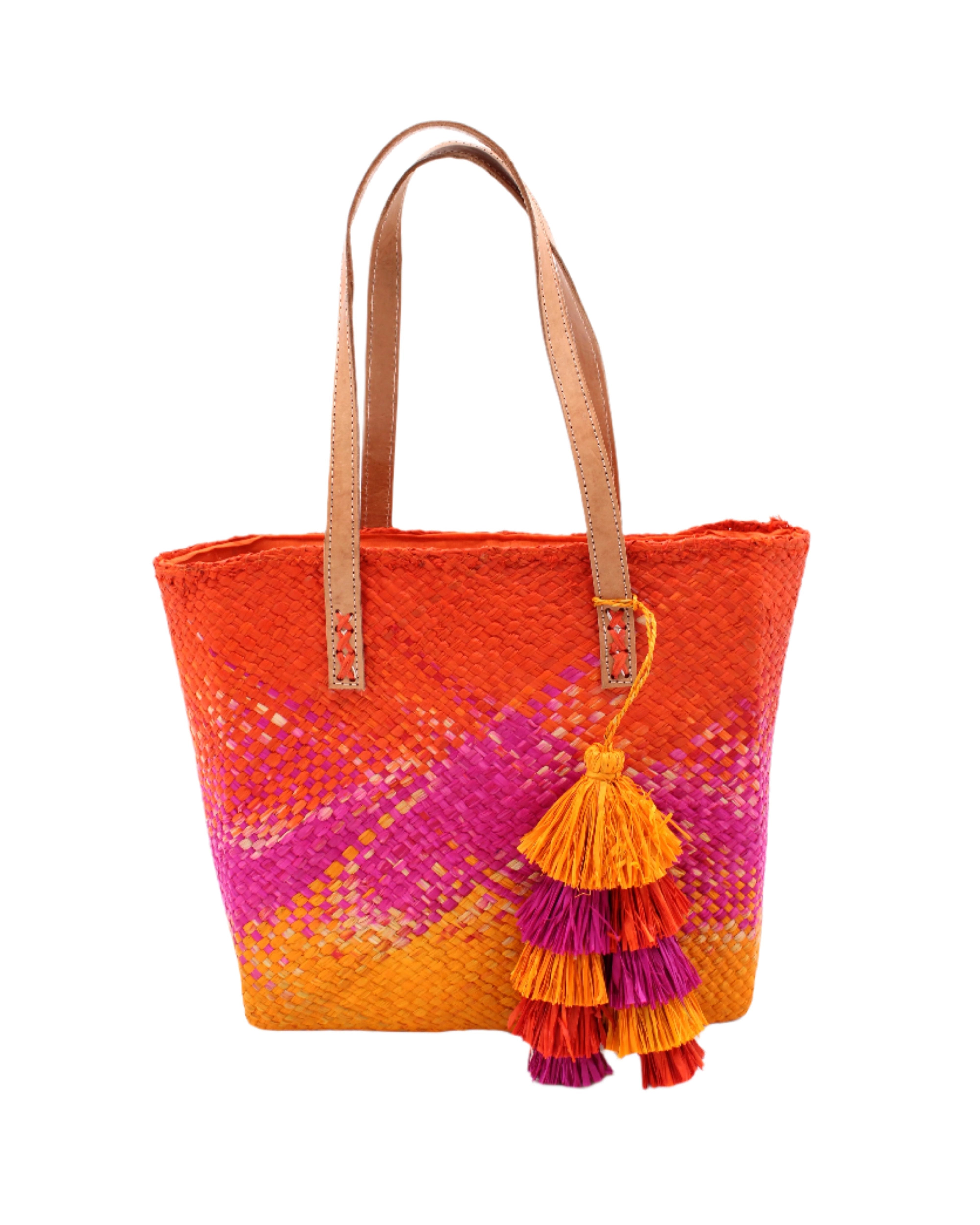 Holden Ombre Fuchsia Straw Handbag Tassel Charm Embellishment handmade woven raffia dip dyed gradient of coral orange/red, fuchsia bright pink, and saffron yellow with matching multicolored, multi-tiered raffia tuft tassel - Shebobo