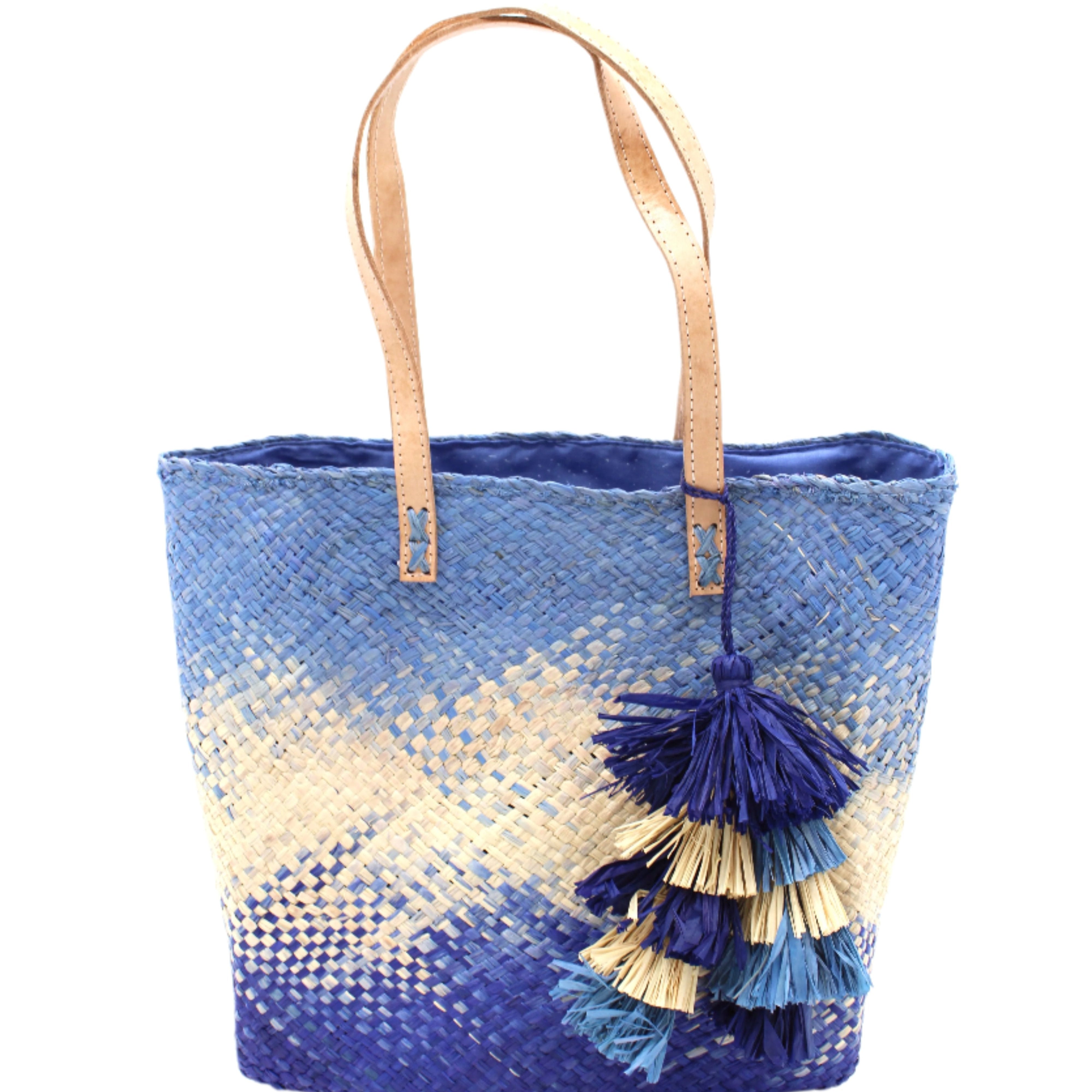 Holden Ombre Denim Straw Handbag Tassel Charm Embellishment handmade woven raffia dip dyed gradient of denim retro/light/blue, natural straw color, and dusk navy/dark/blue with matching multicolored, multi-tiered raffia tuft tassel - Shebobo