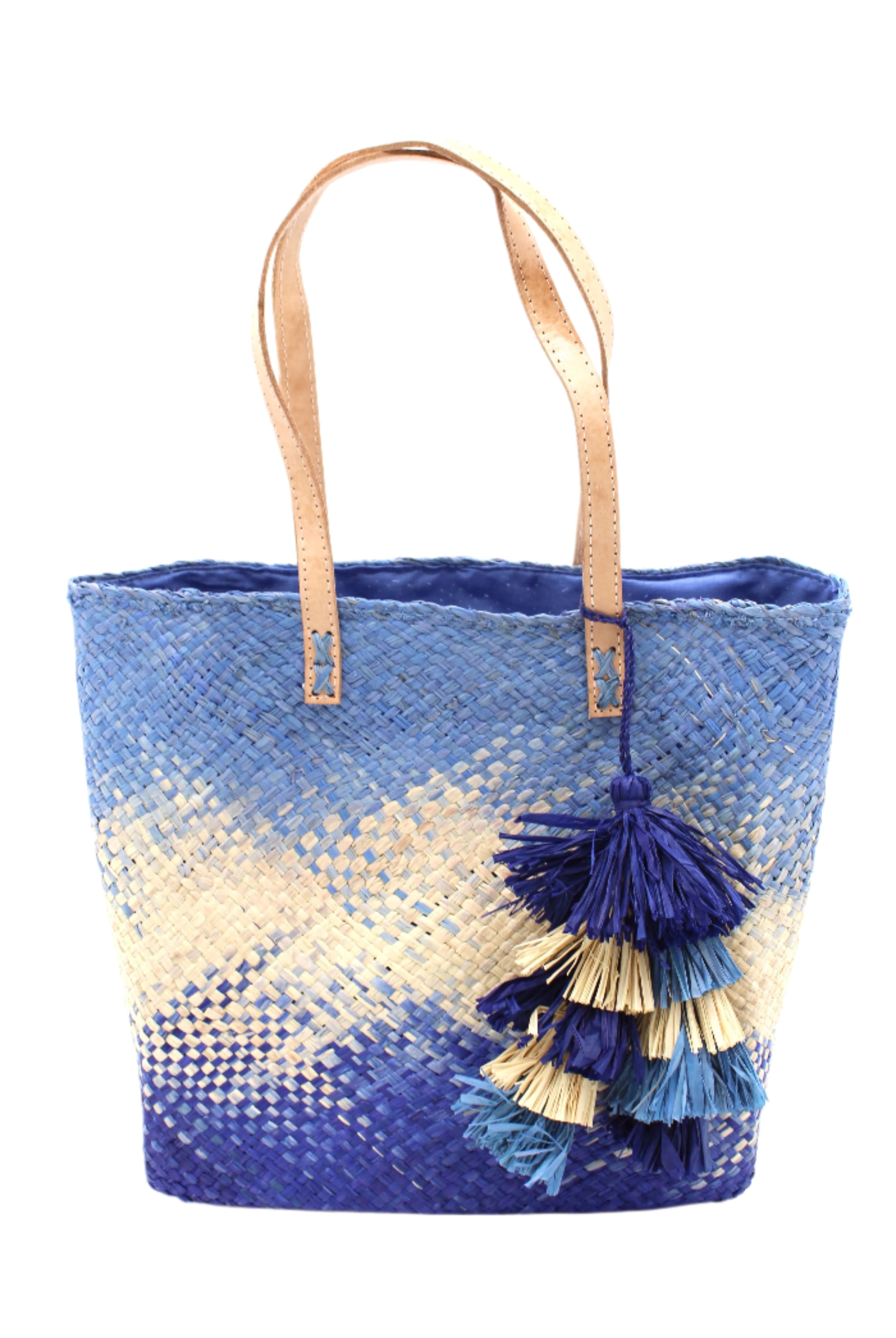 Holden Ombre Denim Straw Handbag Tassel Charm Embellishment handmade woven raffia dip dyed gradient of denim retro/light/blue, natural straw color, and dusk navy/dark/blue with matching multicolored, multi-tiered raffia tuft tassel - Shebobo