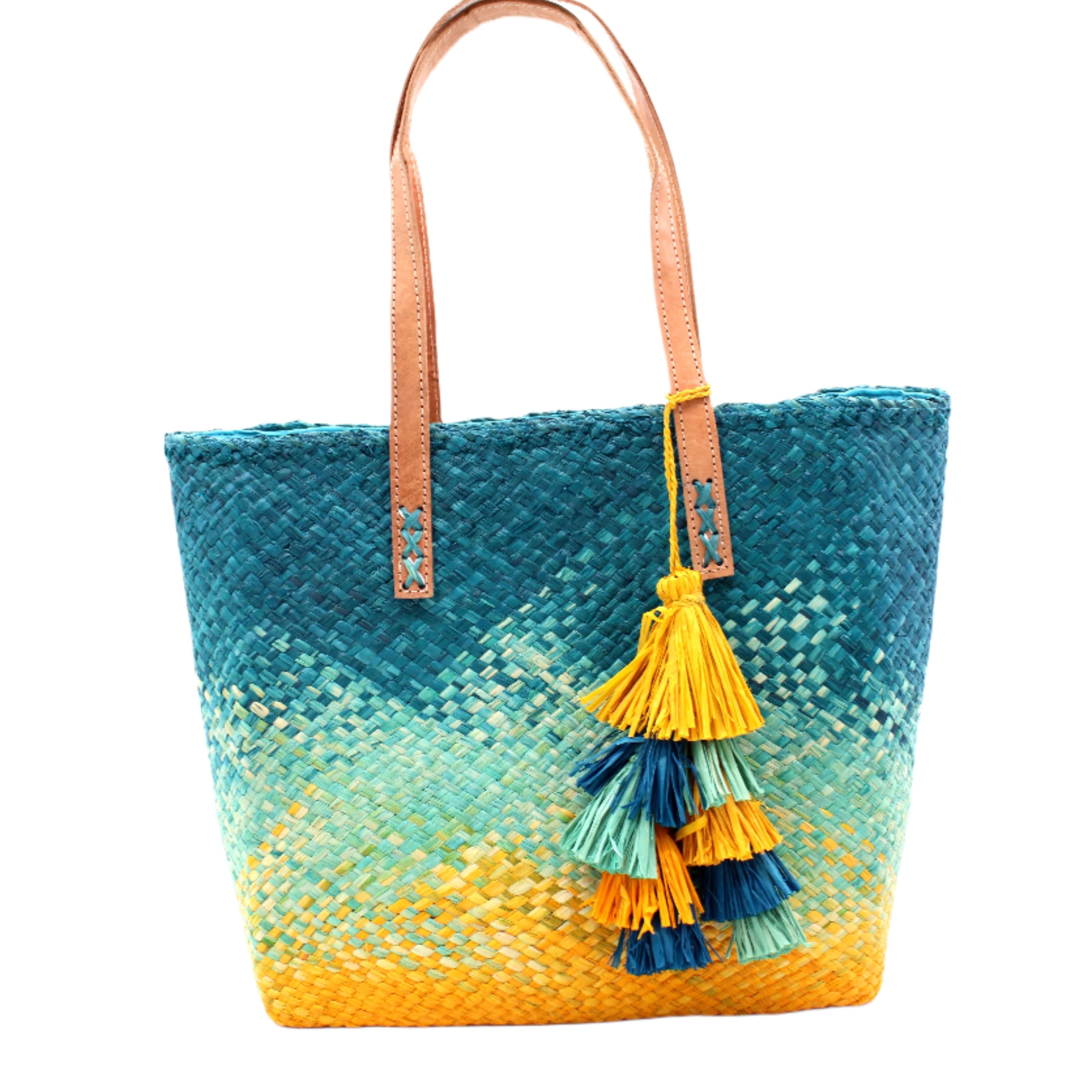 Holden Ombre Turquoise Straw Handbag Tassel Charm Embellishment handmade woven raffia dip dyed gradient of turquoise blue, seafoam blue/green, and saffron yellow with matching multicolored, multi-tiered raffia tuft tassel - Shebobo
