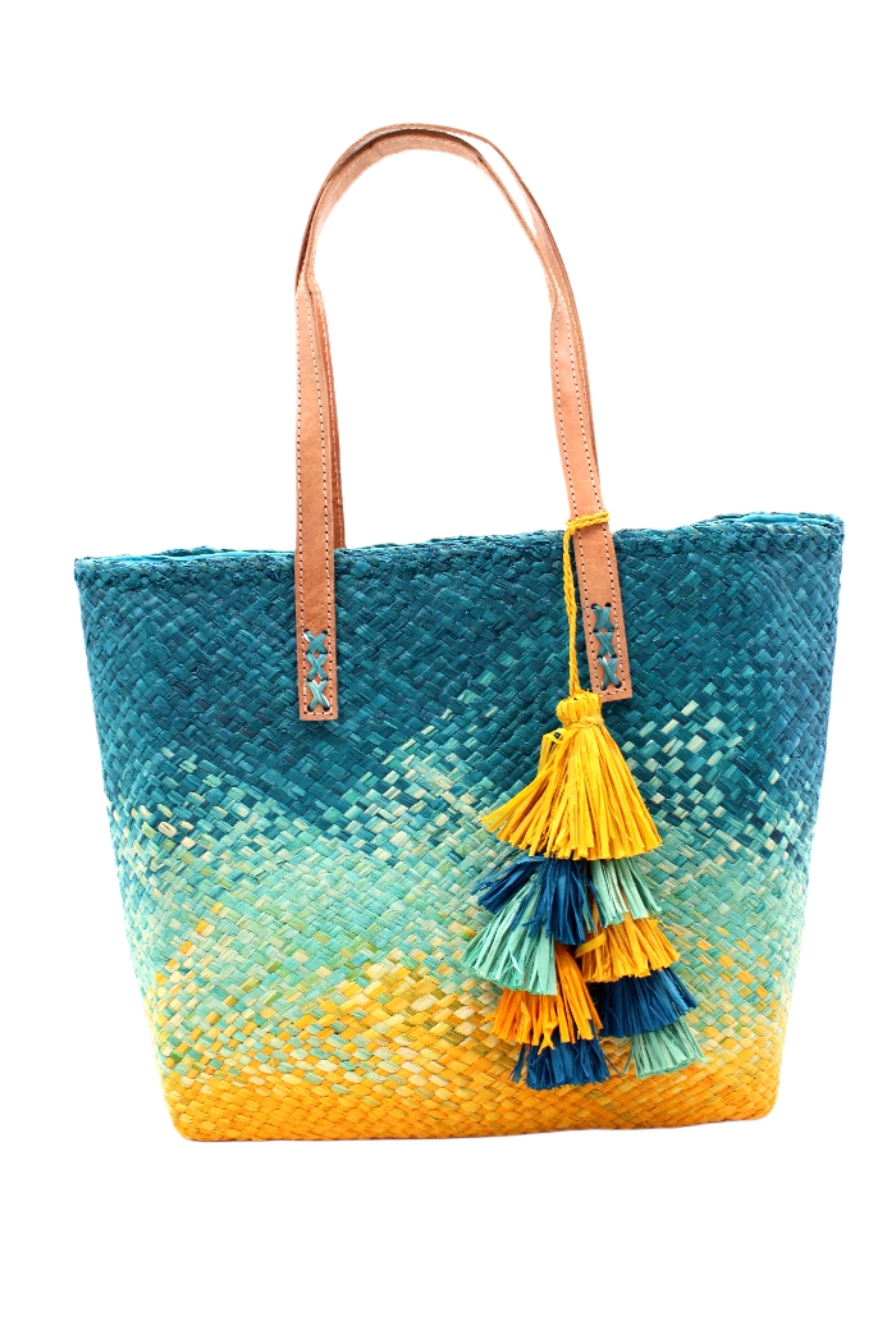 Holden Ombre Turquoise Straw Handbag Tassel Charm Embellishment handmade woven raffia dip dyed gradient of turquoise blue, seafoam blue/green, and saffron yellow with matching multicolored, multi-tiered raffia tuft tassel - Shebobo