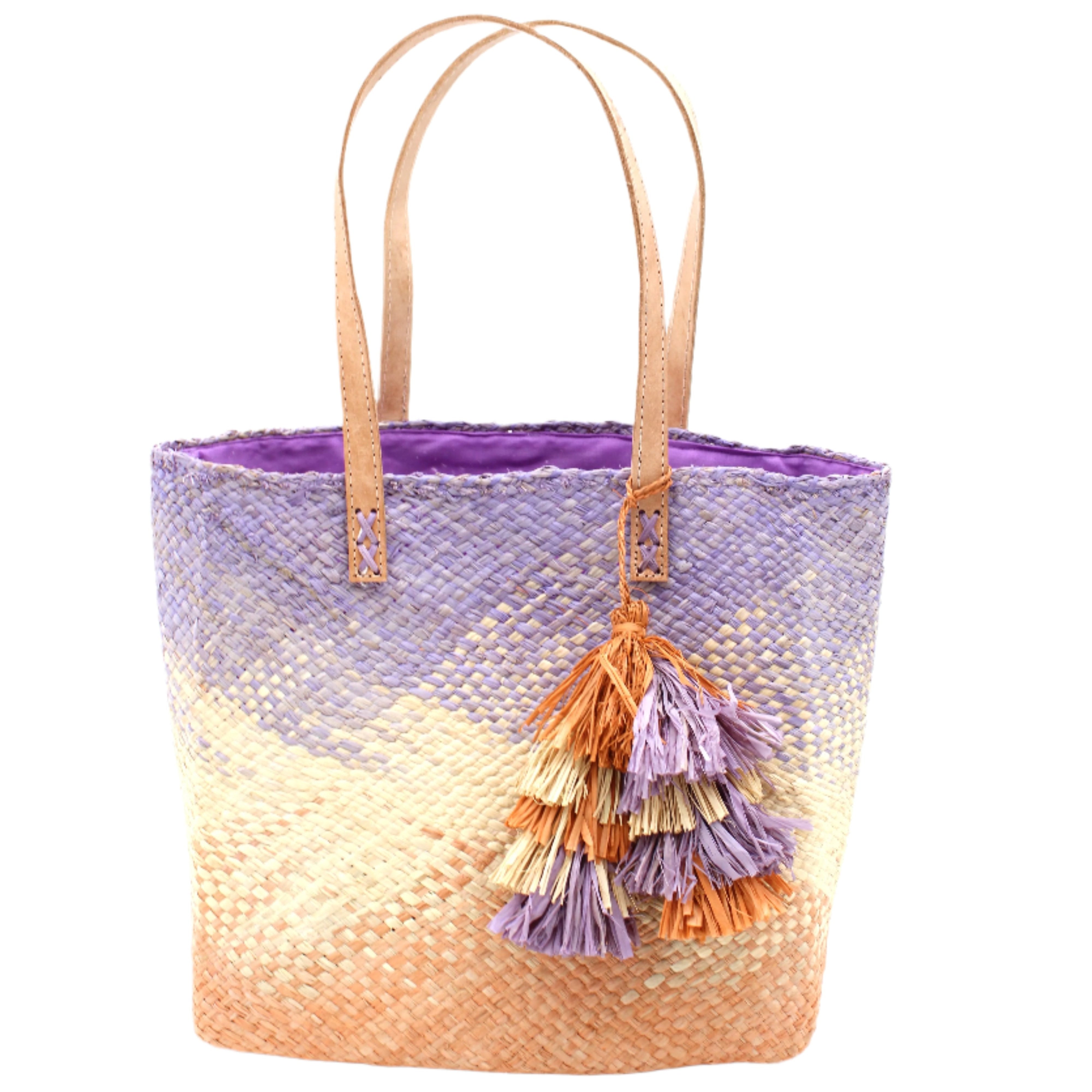 Holden Ombre Wisteria Straw Handbag Tassel Charm Embellishment handmade woven raffia dip dyed gradient of wisteria lavender/lilac/light/purple, natural straw color, and blush orange/pink with matching multicolored, multi-tiered raffia tuft tassel - Shebobo