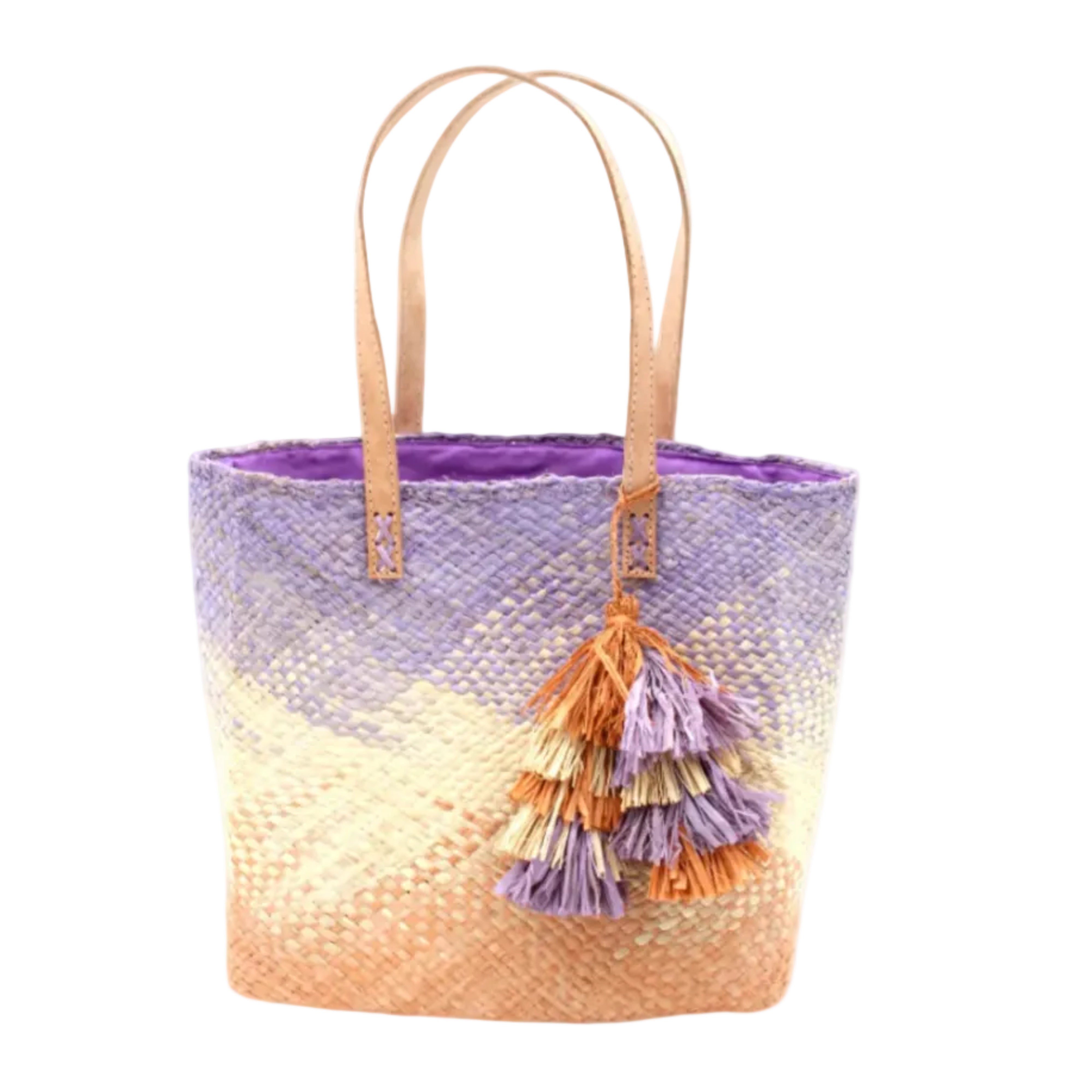 Holden Ombre Wisteria Straw Handbag Tassel Charm Embellishment handmade woven raffia dip dyed gradient of wisteria lavender/lilac/light/purple, natural straw color, and blush orange/pink with matching multicolored, multi-tiered raffia tuft tassel - Shebobo