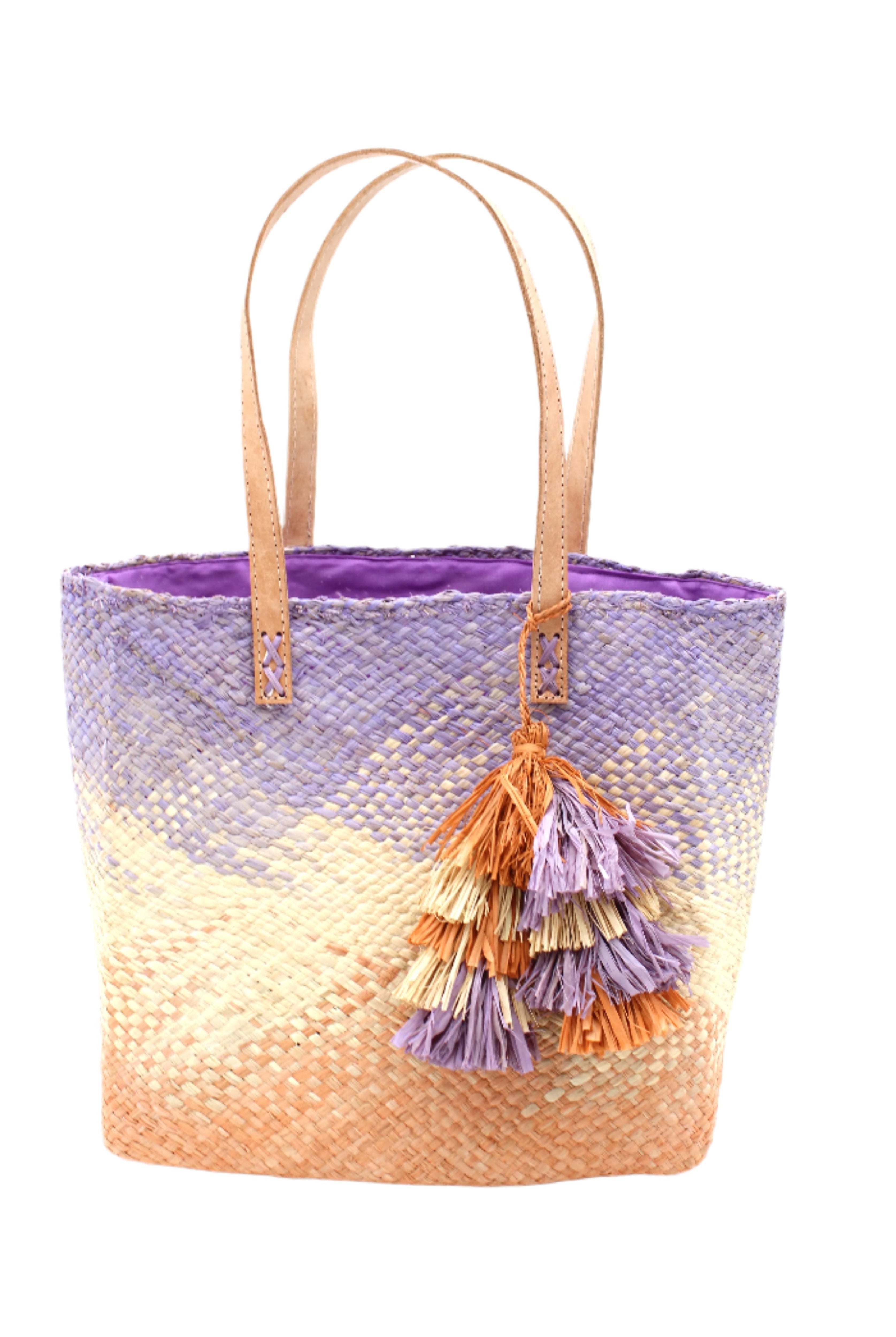 Holden Ombre Wisteria Straw Handbag Tassel Charm Embellishment handmade woven raffia dip dyed gradient of wisteria lavender/lilac/light/purple, natural straw color, and blush orange/pink with matching multicolored, multi-tiered raffia tuft tassel - Shebobo
