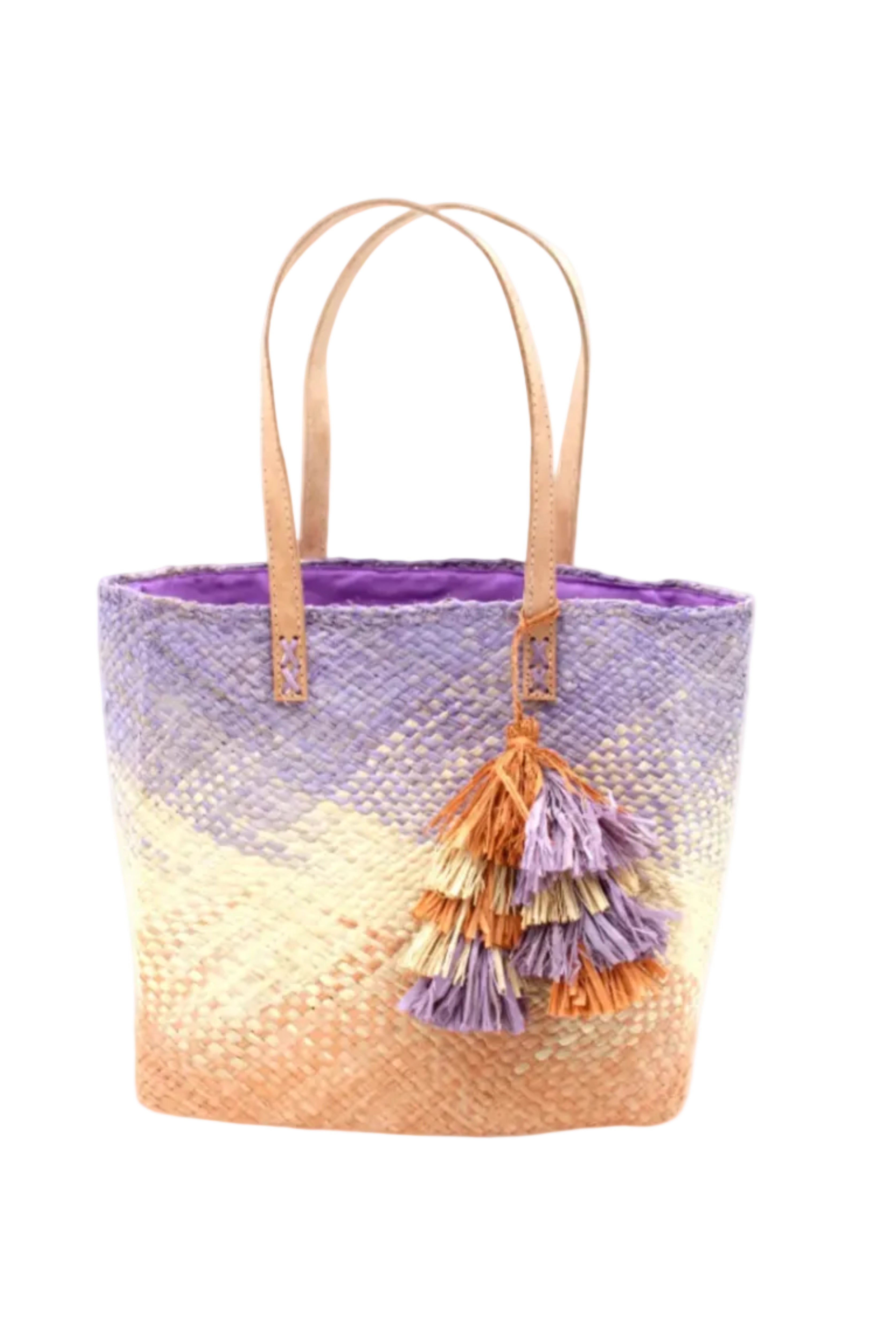 Holden Ombre Wisteria Straw Handbag Tassel Charm Embellishment handmade woven raffia dip dyed gradient of wisteria lavender/lilac/light/purple, natural straw color, and blush orange/pink with matching multicolored, multi-tiered raffia tuft tassel - Shebobo