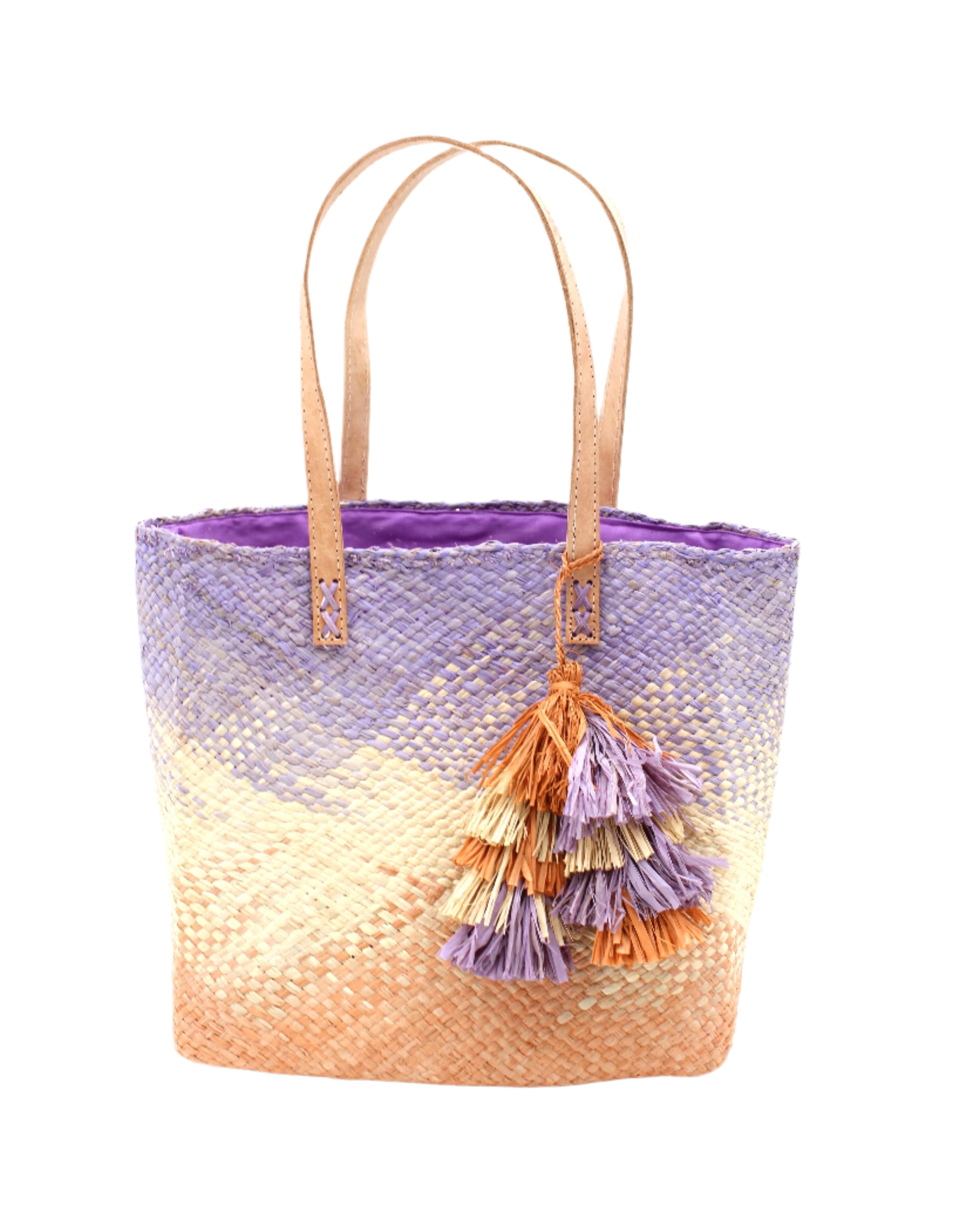 Holden Ombre Wisteria Straw Handbag Tassel Charm Embellishment handmade woven raffia dip dyed gradient of wisteria lavender/lilac/light/purple, natural straw color, and blush orange/pink with matching multicolored, multi-tiered raffia tuft tassel - Shebobo