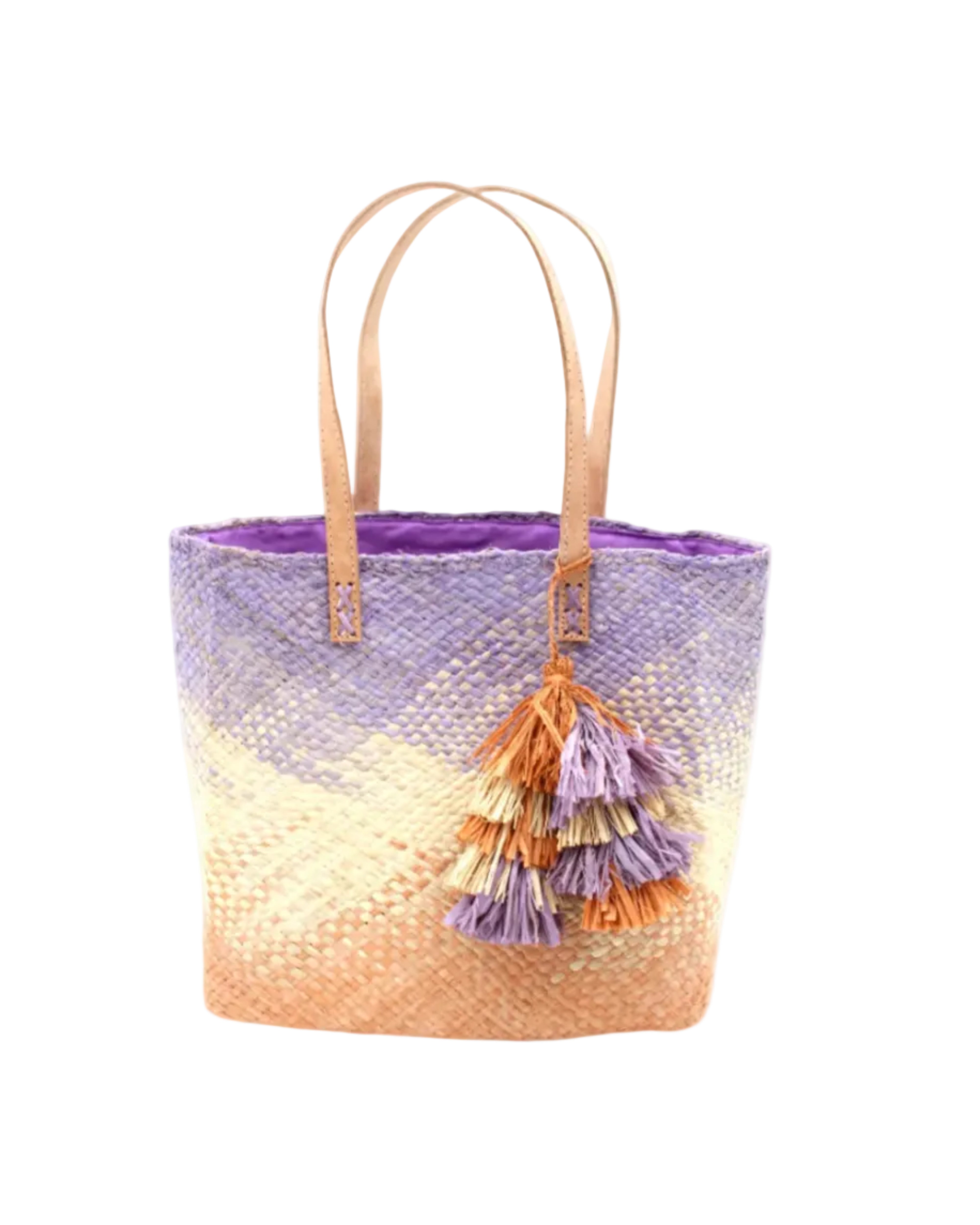 Holden Ombre Wisteria Straw Handbag Tassel Charm Embellishment handmade woven raffia dip dyed gradient of wisteria lavender/lilac/light/purple, natural straw color, and blush orange/pink with matching multicolored, multi-tiered raffia tuft tassel - Shebobo