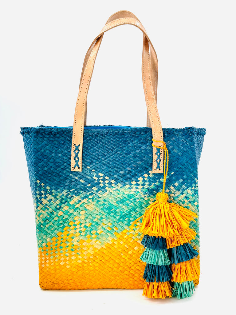 Holden Ombre Turquoise Straw Handbag Tassel Charm Embellishment handmade woven raffia dip dyed gradient of turquoise blue, seafoam blue/green, and saffron yellow with matching multicolored, multi-tiered raffia tuft tassel - Shebobo