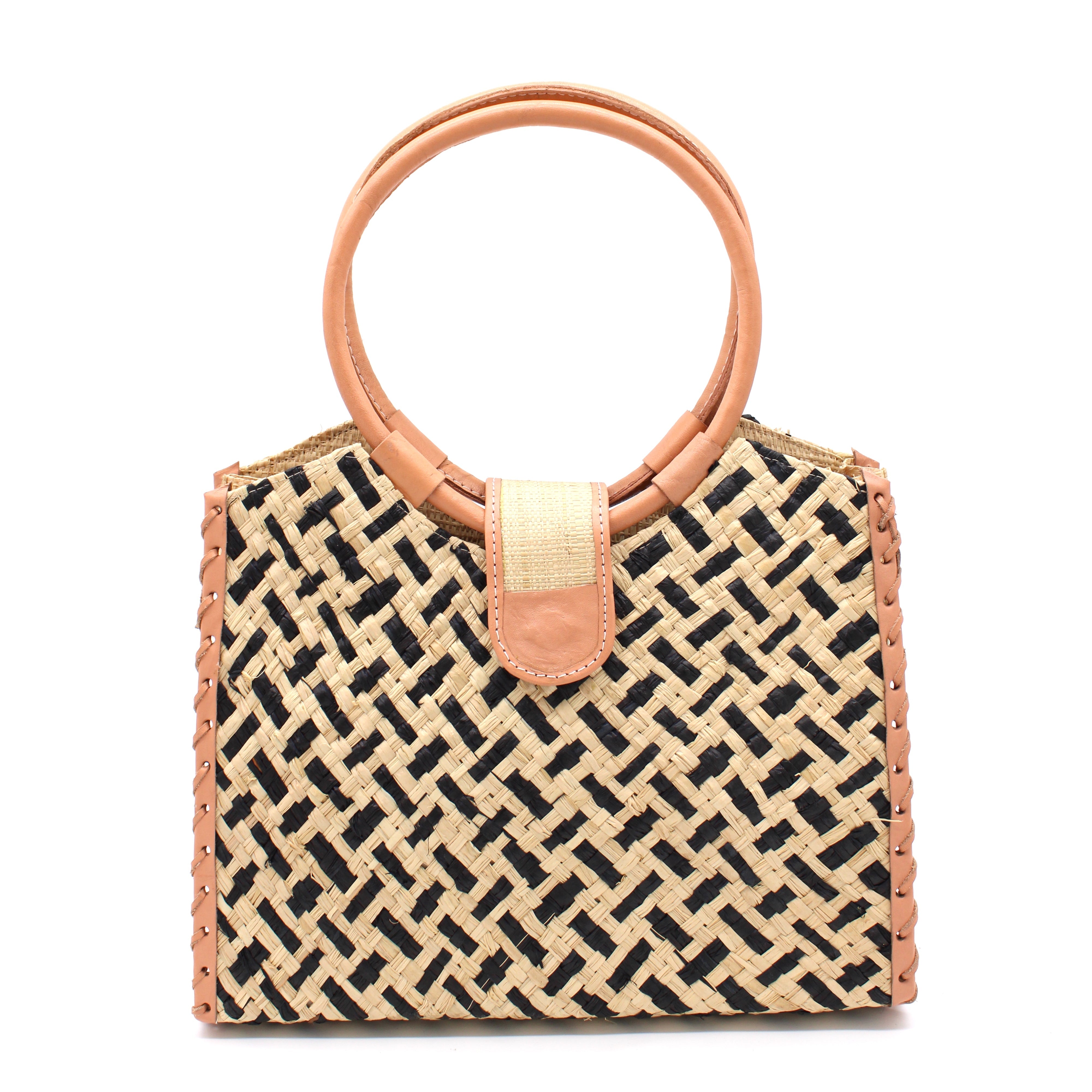 Ibiza Black Two Tone Straw HandBag with Leather Handles handmade woven natural raffia fiber purse with black and natural crosshatch pattern and loomed sides with leather loop handles, woven leather side seam binding, and flap closure - Shebobo