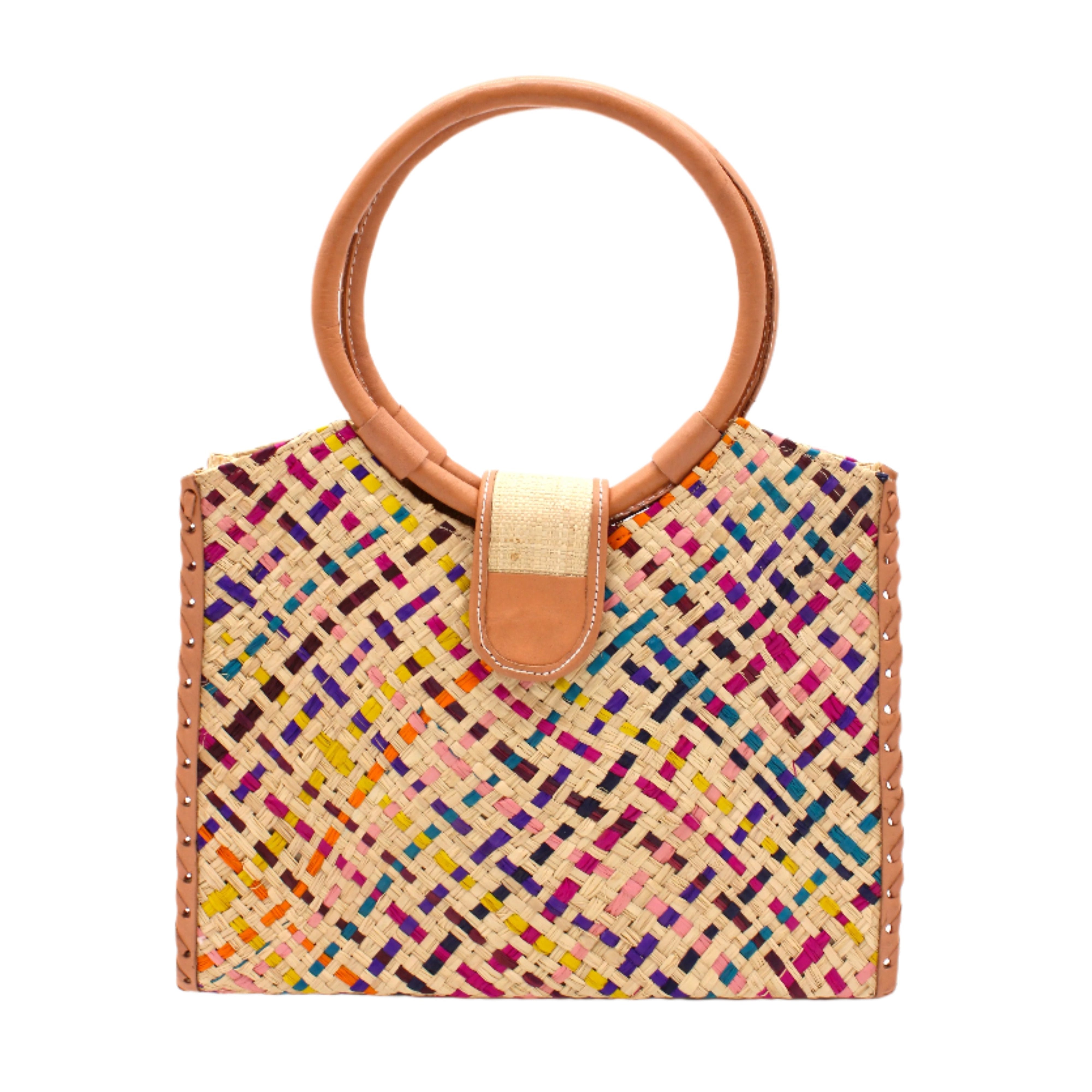 Ibiza Confetti Multi Straw HandBag with Leather Handles handmade woven natural raffia fiber purse with multicolor natural, yellow, orange, pink, fuchsia, bordeaux, turquoise, etc. crosshatch pattern and loomed sides with leather loop handles, woven leather side seam binding, and flap closure - Shebobo