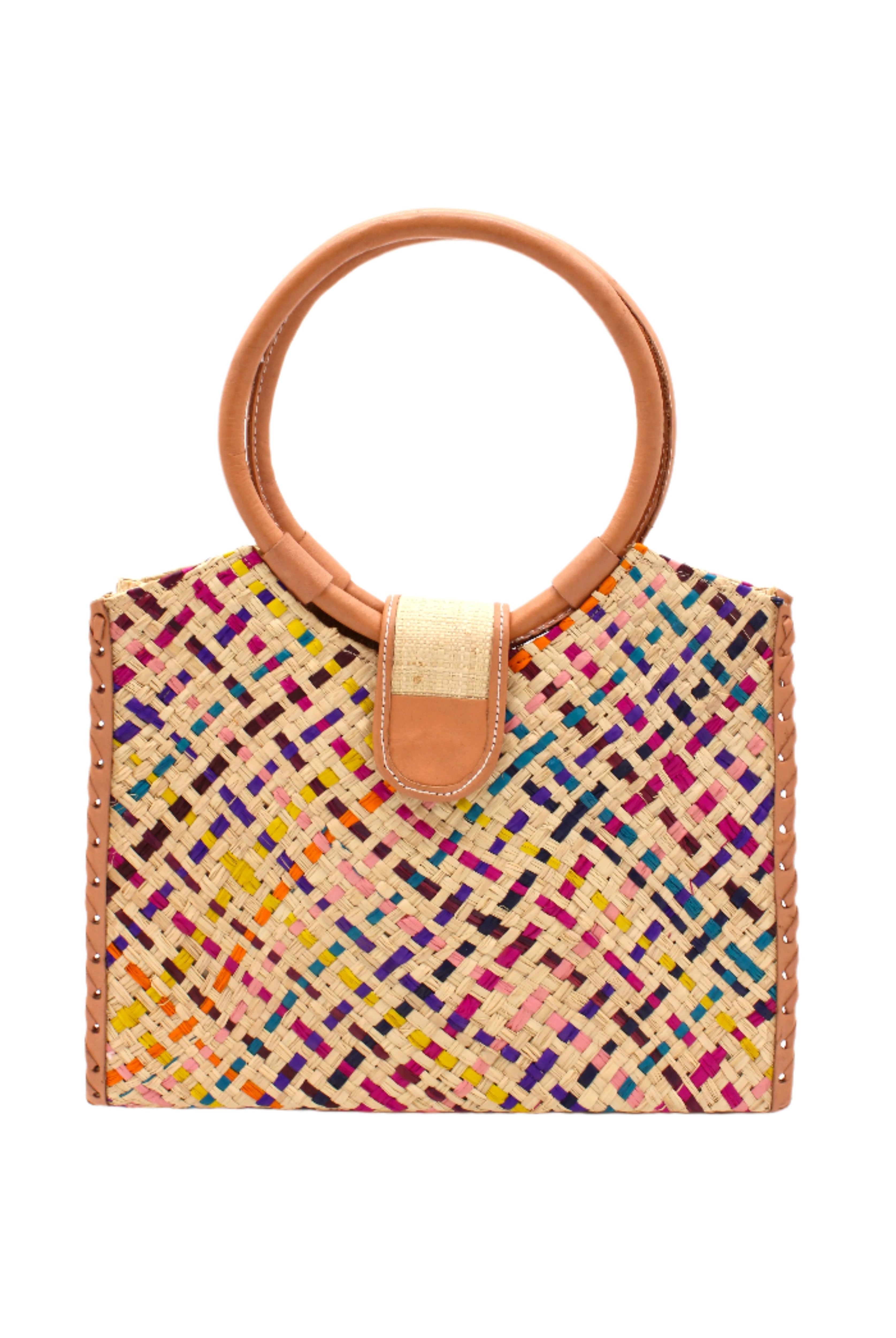 Ibiza Confetti Multi Straw HandBag with Leather Handles handmade woven natural raffia fiber purse with multicolor natural, yellow, orange, pink, fuchsia, bordeaux, turquoise, etc. crosshatch pattern and loomed sides with leather loop handles, woven leather side seam binding, and flap closure - Shebobo