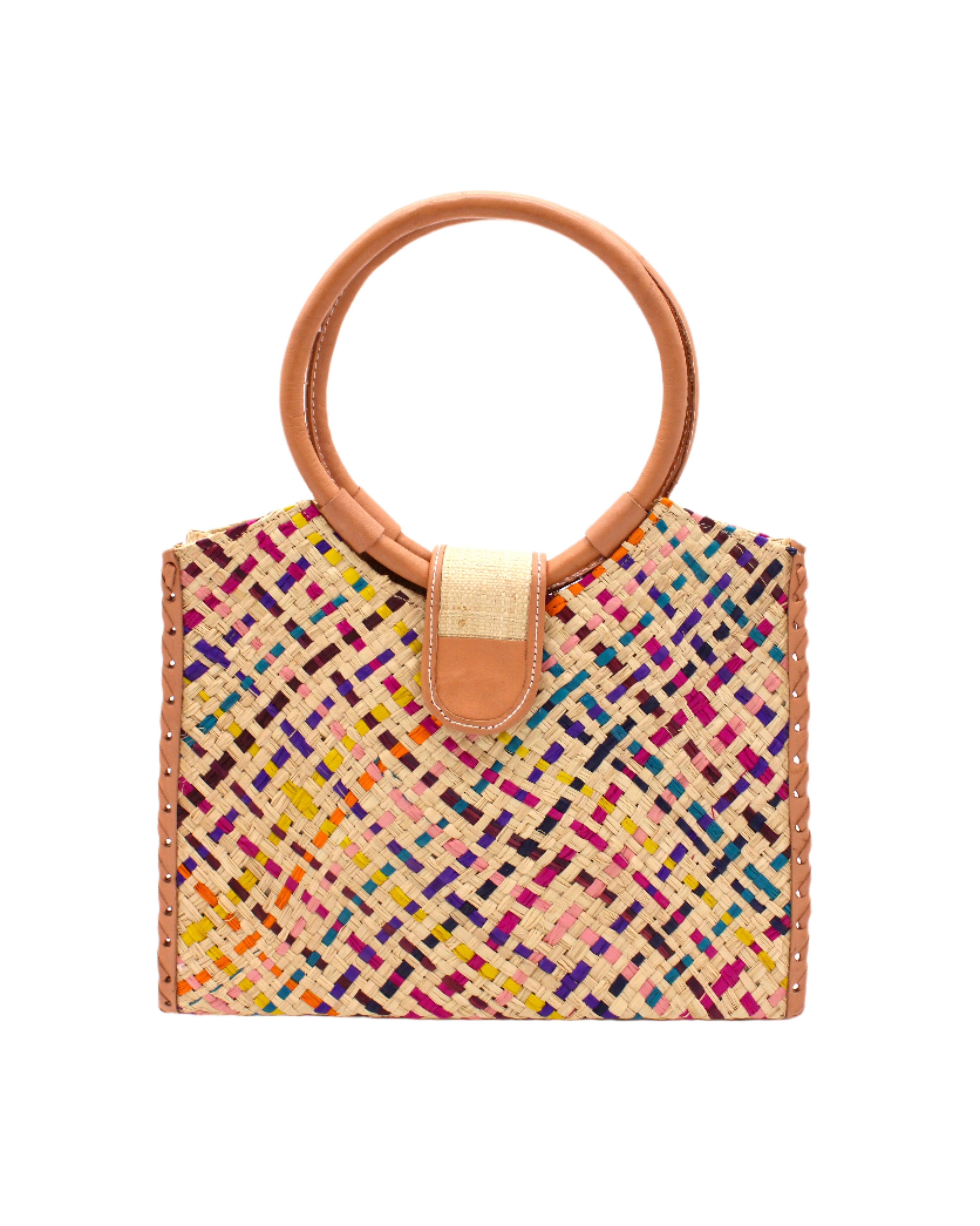 Ibiza Confetti Multi Straw HandBag with Leather Handles handmade woven natural raffia fiber purse with multicolor natural, yellow, orange, pink, fuchsia, bordeaux, turquoise, etc. crosshatch pattern and loomed sides with leather loop handles, woven leather side seam binding, and flap closure - Shebobo