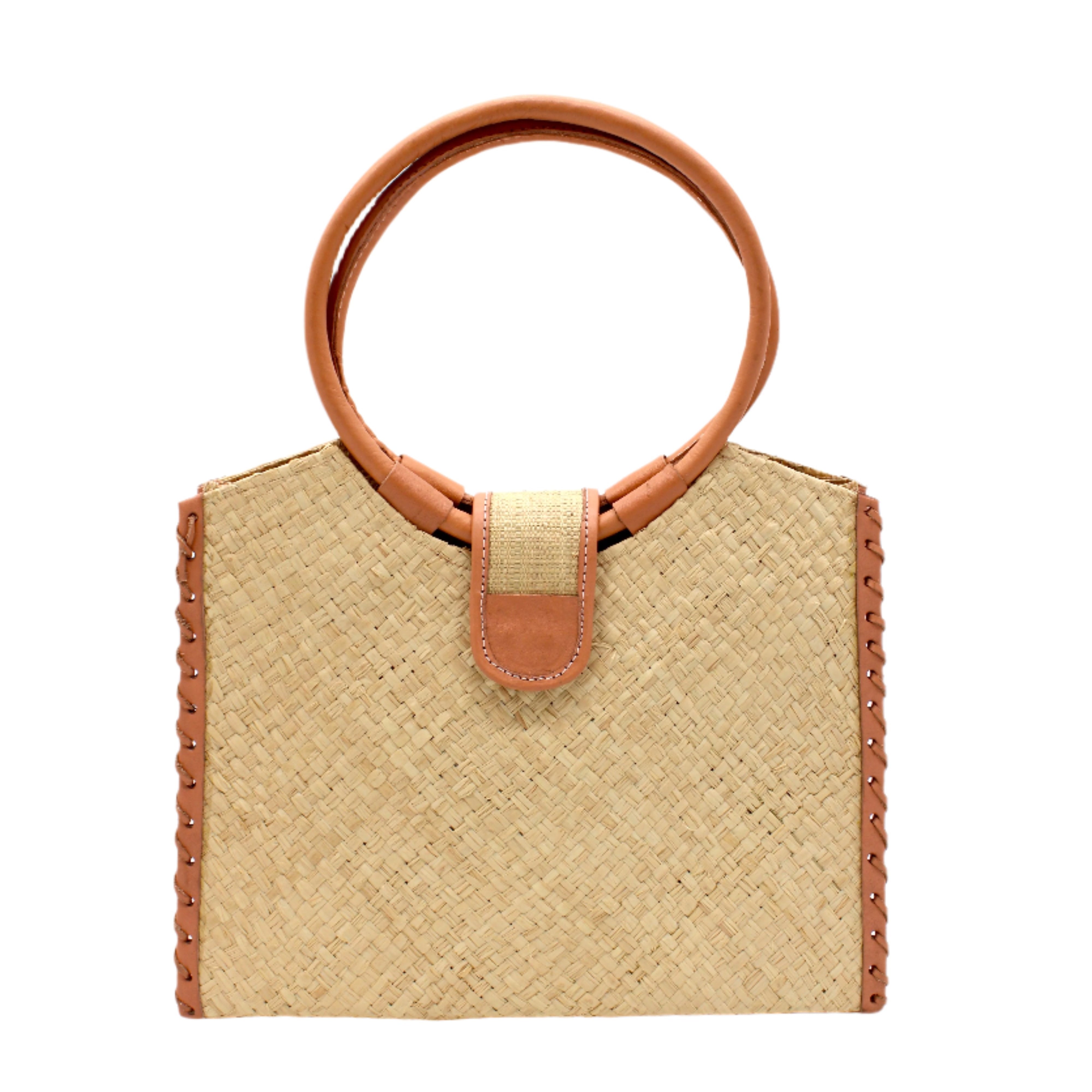 Ibiza Natural Straw HandBag with Leather Handles handmade woven natural raffia fiber purse with natural crosshatch pattern and loomed sides with leather loop handles, woven leather side seam binding, and flap closure - Shebobo
