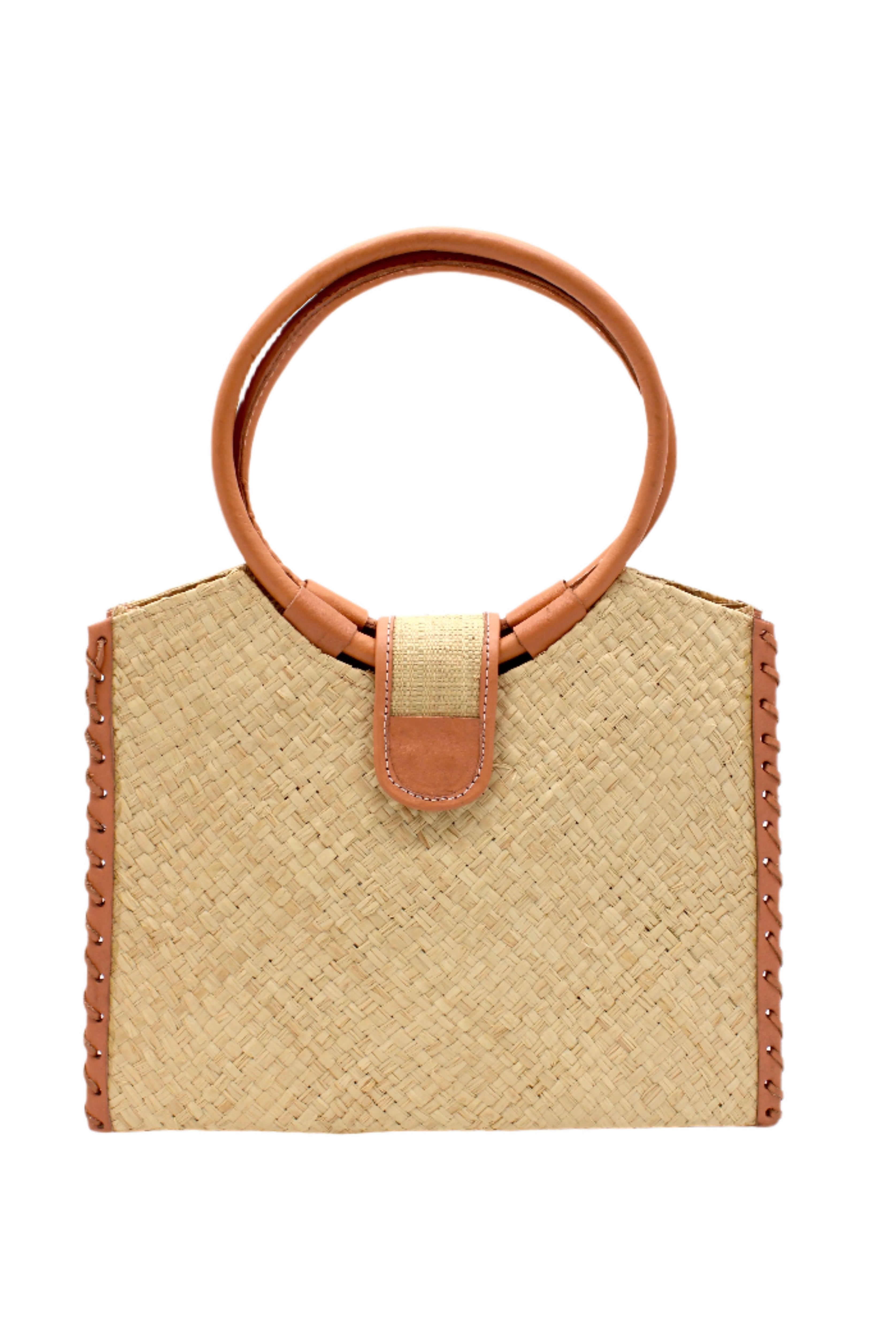 Ibiza Natural Straw HandBag with Leather Handles handmade woven natural raffia fiber purse with natural crosshatch pattern and loomed sides with leather loop handles, woven leather side seam binding, and flap closure - Shebobo