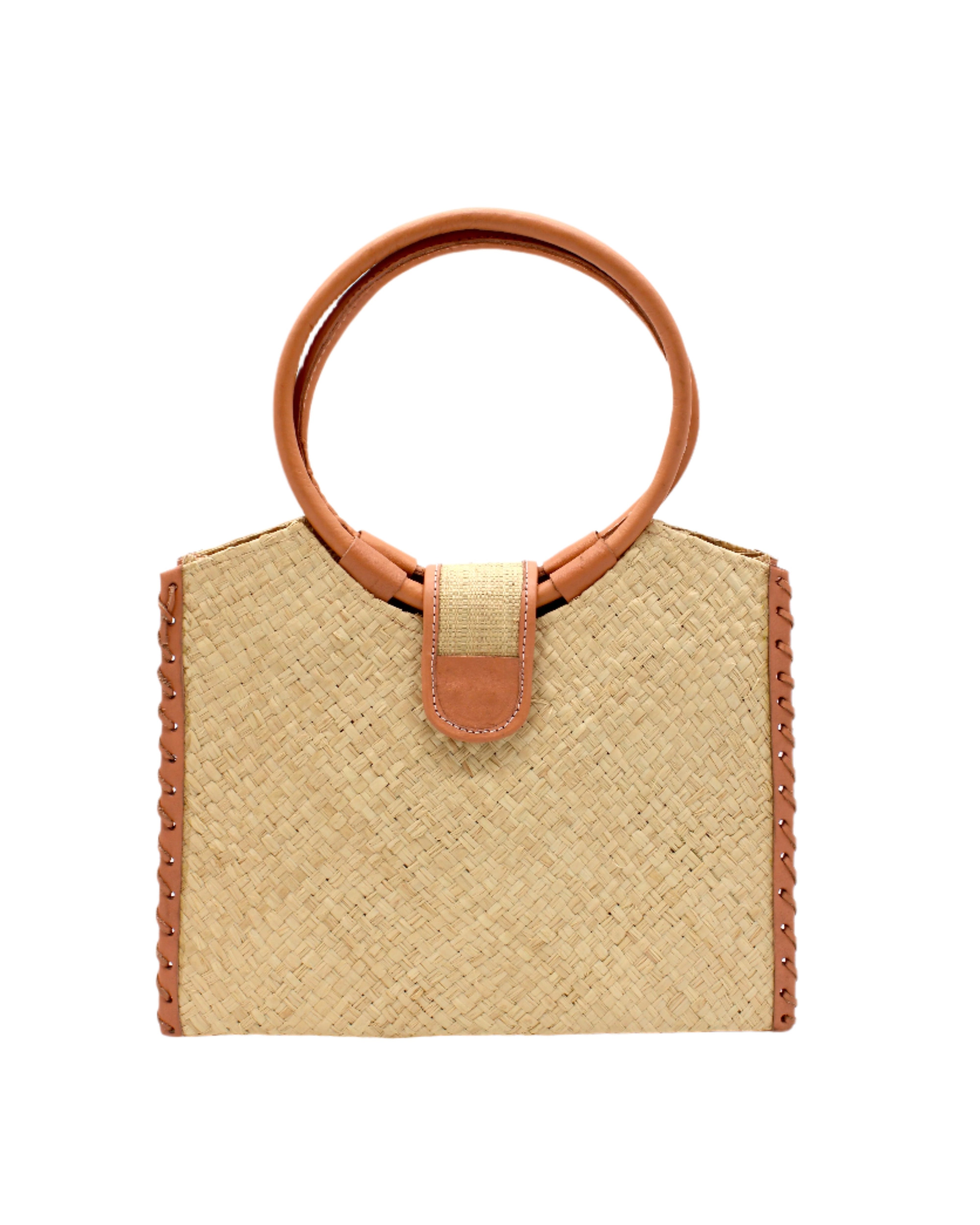 Ibiza Natural Straw HandBag with Leather Handles handmade woven natural raffia fiber purse with natural crosshatch pattern and loomed sides with leather loop handles, woven leather side seam binding, and flap closure - Shebobo