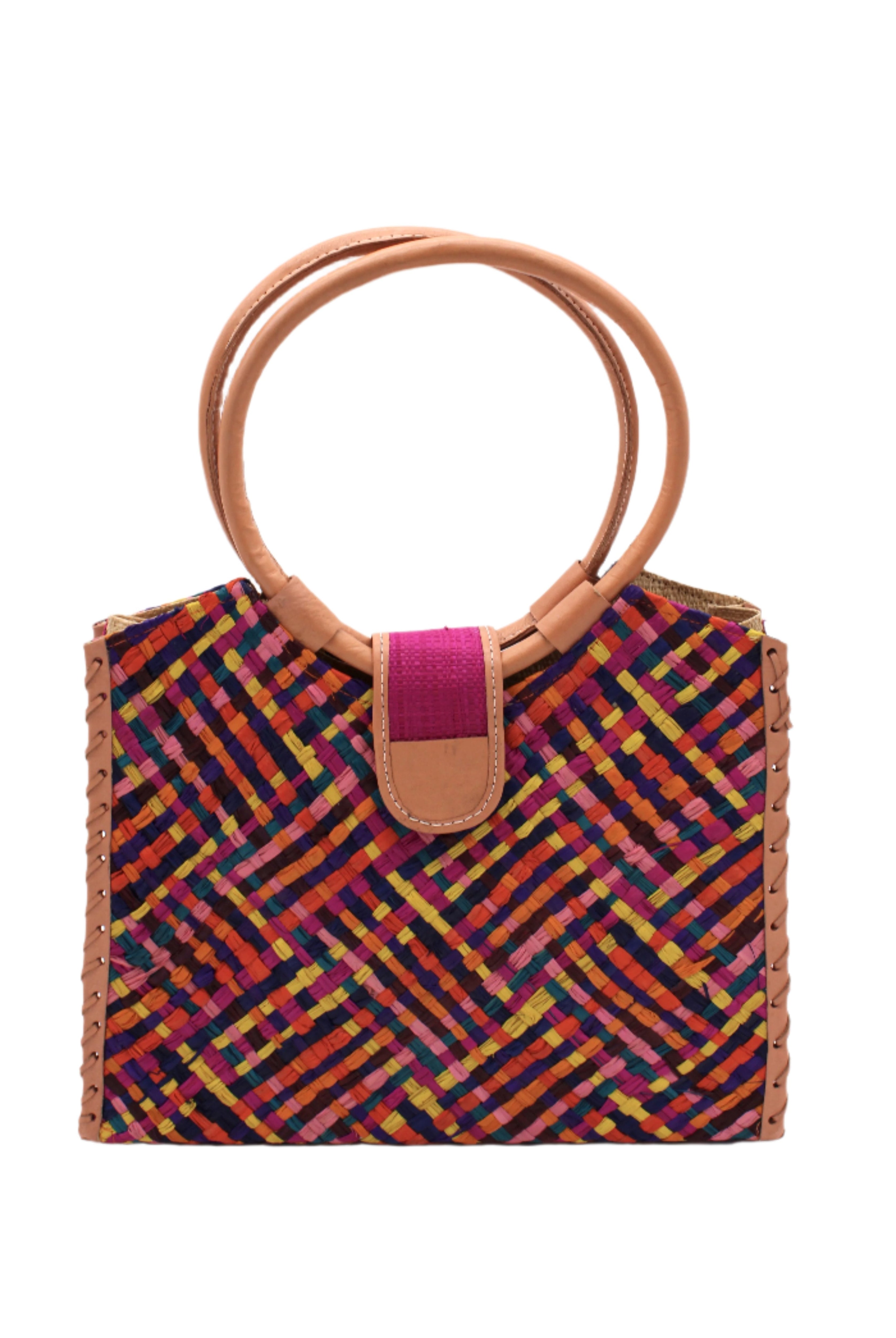 Ibiza Raspberry Multi Straw HandBag with Leather Handles handmade woven natural raffia fiber purse with multicolor yellow, orange, pink, fuchsia, bordeaux, blue, turquoise, etc. crosshatch pattern and loomed sides with leather loop handles, woven leather side seam binding, and flap closure - Shebobo