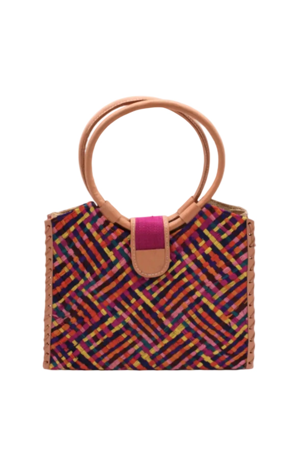 Ibiza Raspberry Multi Straw HandBag with Leather Handles handmade woven natural raffia fiber purse with multicolor yellow, orange, pink, fuchsia, bordeaux, blue, turquoise, etc. crosshatch pattern and loomed sides with leather loop handles, woven leather side seam binding, and flap closure - Shebobo