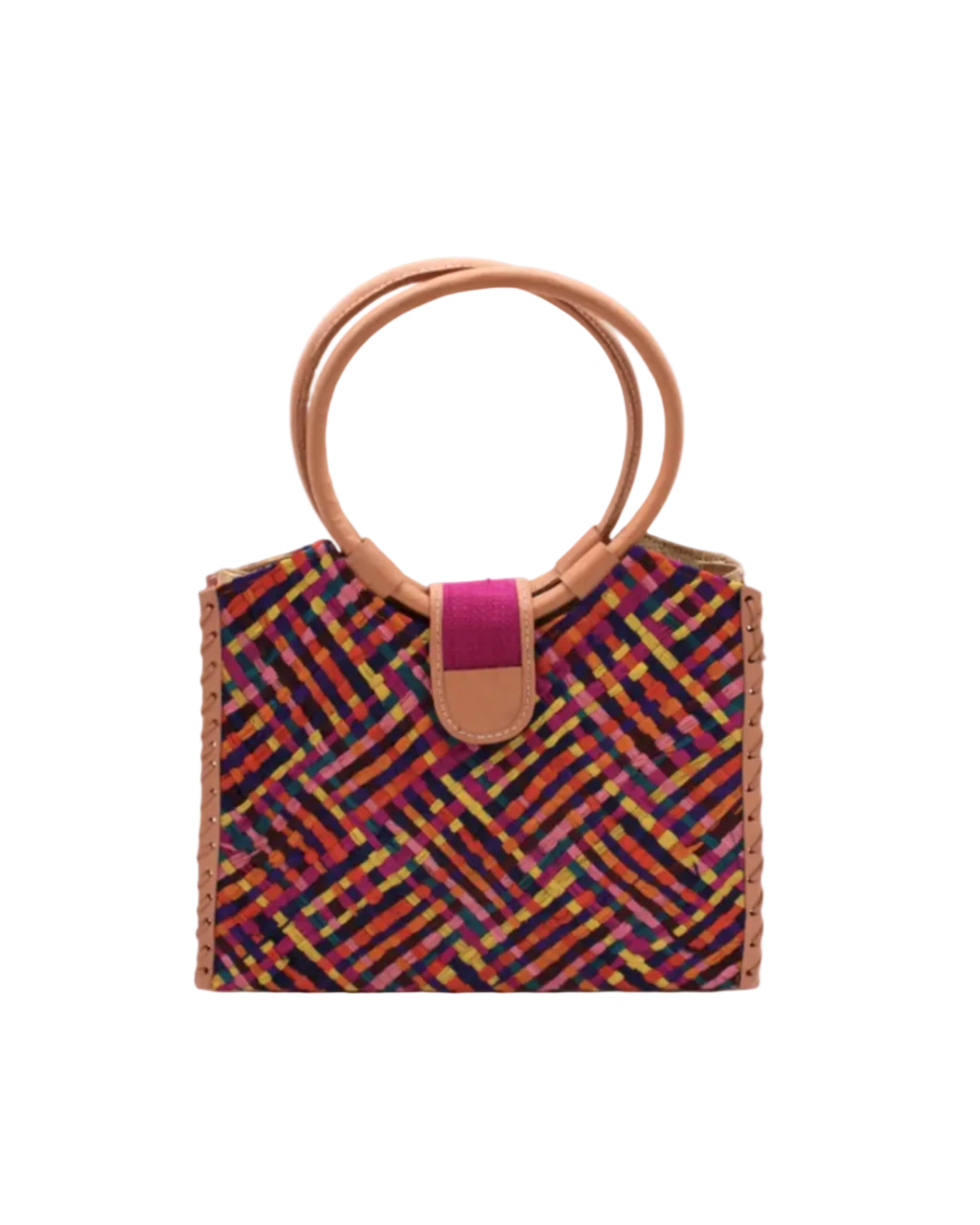 Ibiza Raspberry Multi Straw HandBag with Leather Handles handmade woven natural raffia fiber purse with multicolor yellow, orange, pink, fuchsia, bordeaux, blue, turquoise, etc. crosshatch pattern and loomed sides with leather loop handles, woven leather side seam binding, and flap closure - Shebobo
