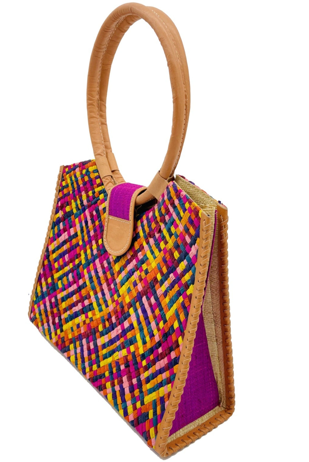 Side view Ibiza Raspberry Multi Straw HandBag with Leather Handles handmade woven natural raffia fiber purse with multicolor yellow, orange, pink, fuchsia, bordeaux, blue, turquoise, etc. crosshatch pattern and loomed sides with leather loop handles, woven leather side seam binding, and flap closure - Shebobo