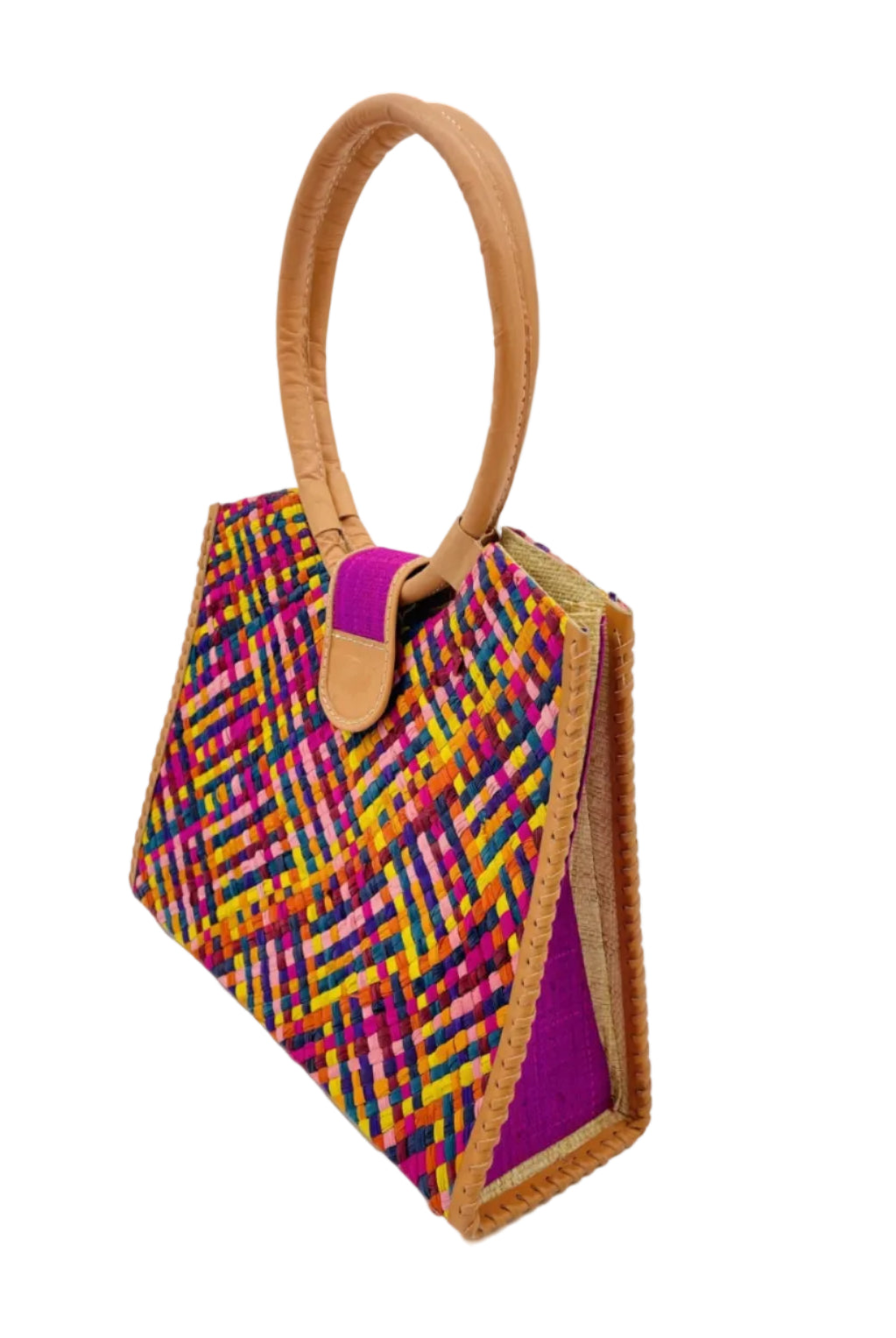 Side view Ibiza Raspberry Multi Straw HandBag with Leather Handles handmade woven natural raffia fiber purse with multicolor yellow, orange, pink, fuchsia, bordeaux, blue, turquoise, etc. crosshatch pattern and loomed sides with leather loop handles, woven leather side seam binding, and flap closure - Shebobo