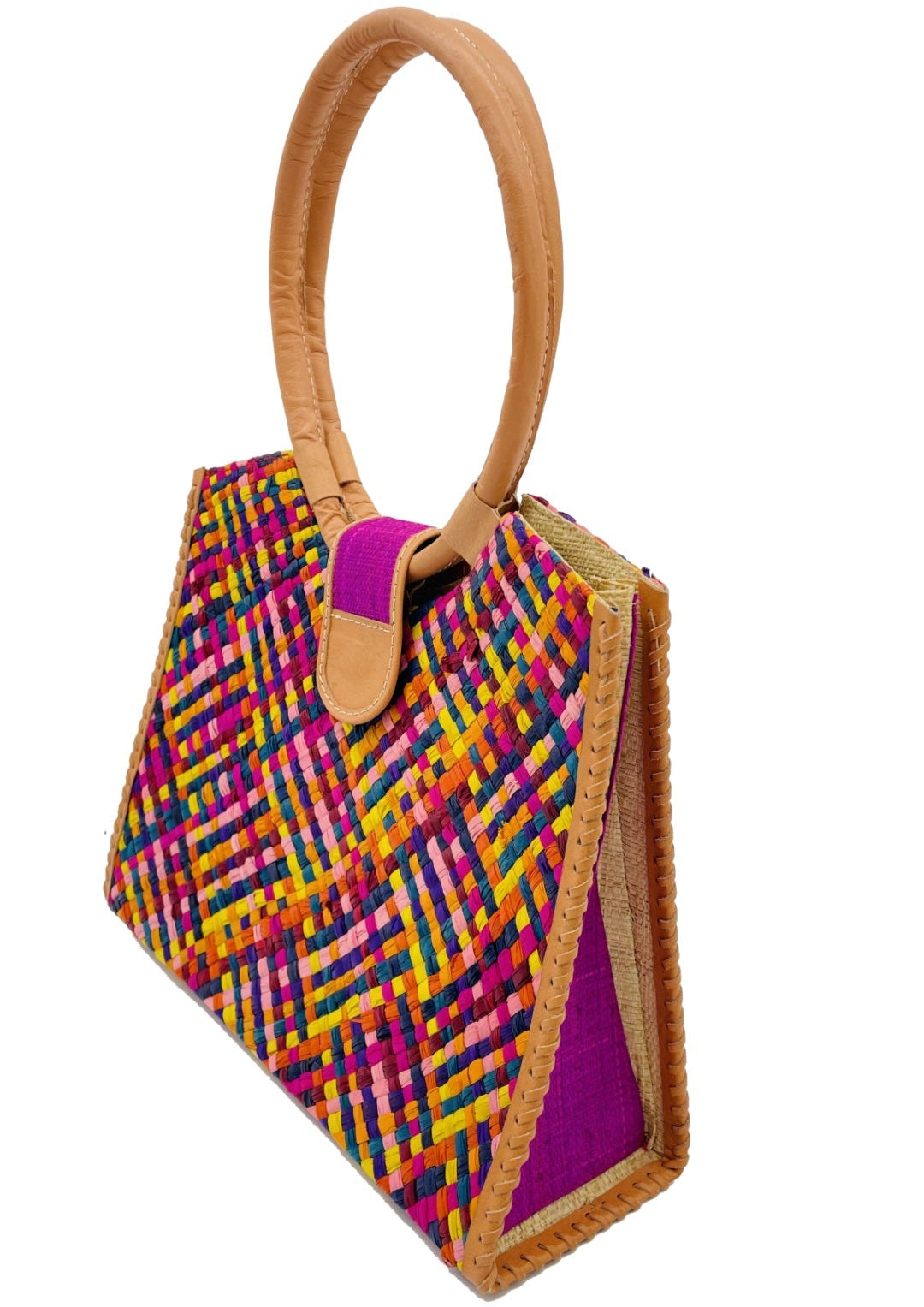 Side view Ibiza Raspberry Multi Straw HandBag with Leather Handles handmade woven natural raffia fiber purse with multicolor yellow, orange, pink, fuchsia, bordeaux, blue, turquoise, etc. crosshatch pattern and loomed sides with leather loop handles, woven leather side seam binding, and flap closure - Shebobo