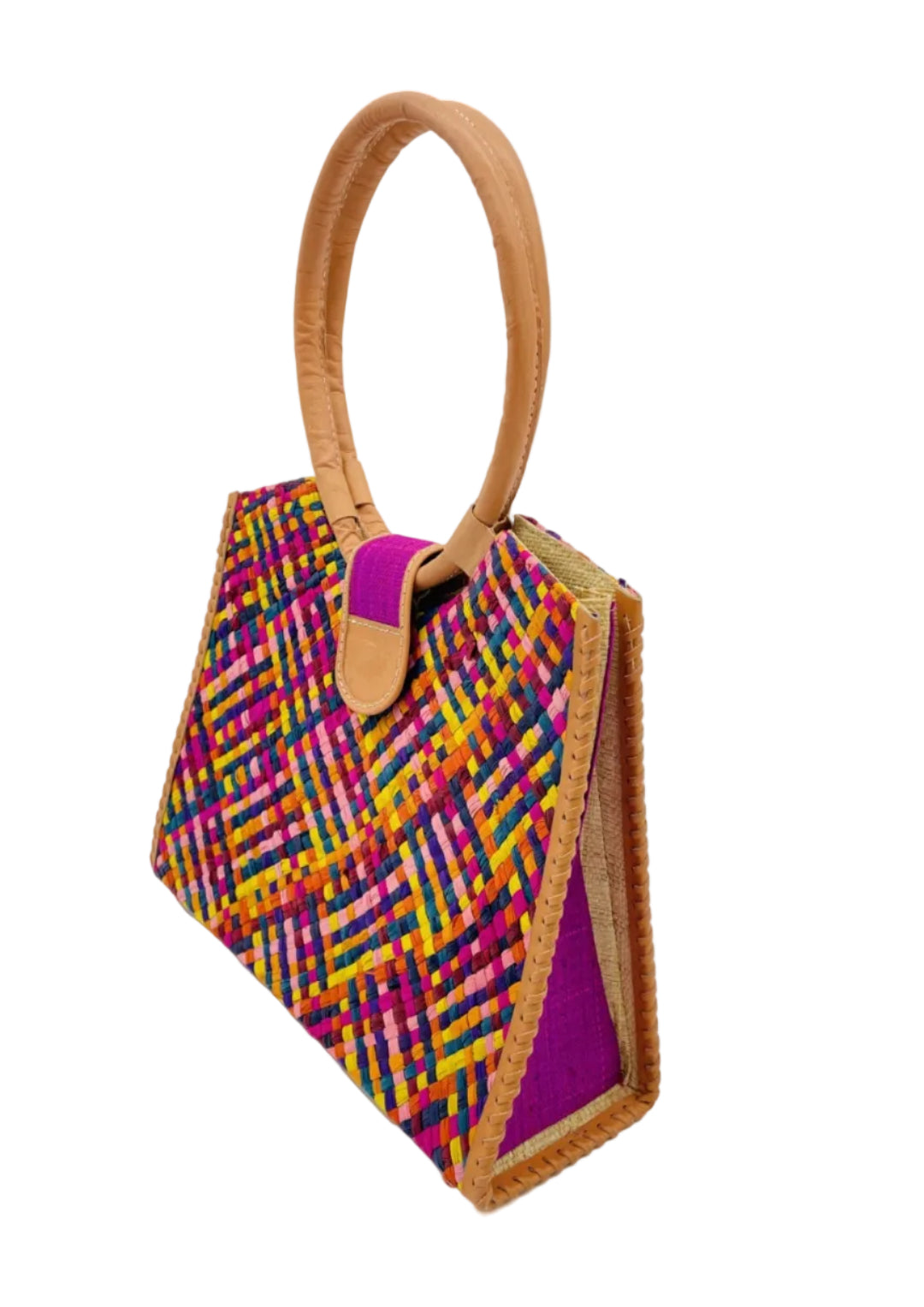 Side view Ibiza Raspberry Multi Straw HandBag with Leather Handles handmade woven natural raffia fiber purse with multicolor yellow, orange, pink, fuchsia, bordeaux, blue, turquoise, etc. crosshatch pattern and loomed sides with leather loop handles, woven leather side seam binding, and flap closure - Shebobo