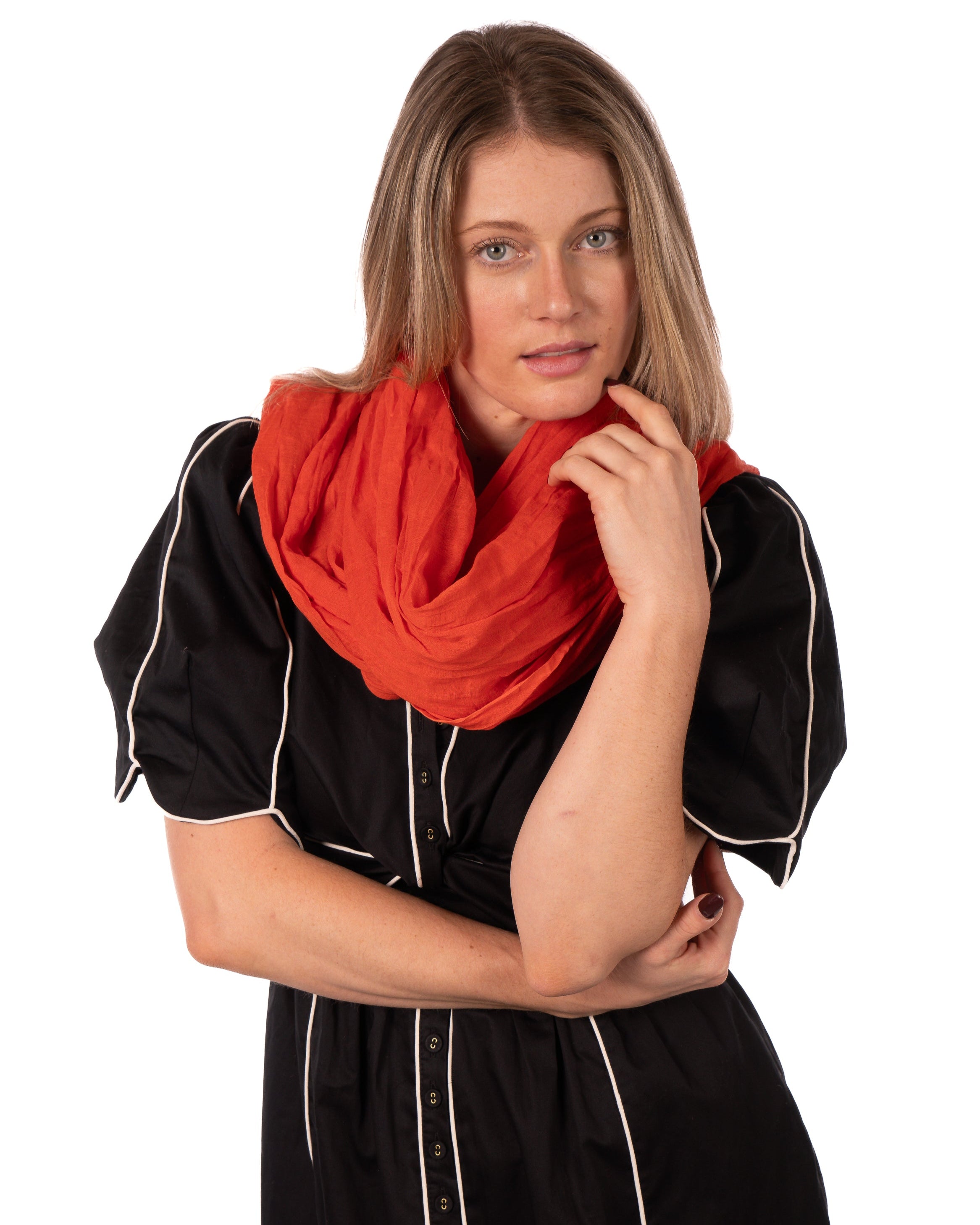 Model wearing Isla Solid Color Cotton Scarf Wrap Coral Orange - Shebobo