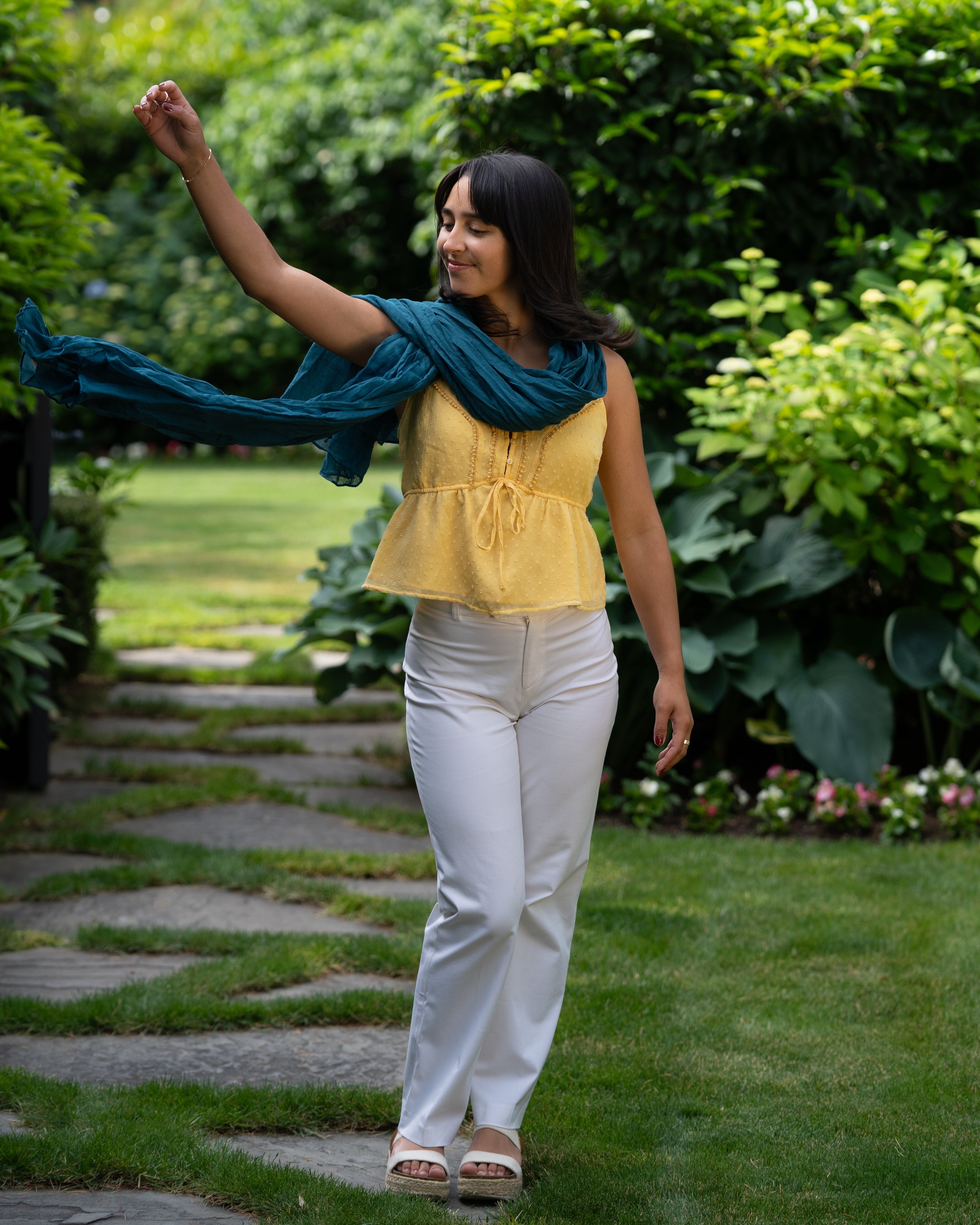 Model wearing Isla Solid Color Cotton Scarf Wrap Teal Dark Blue Green - Shebobo