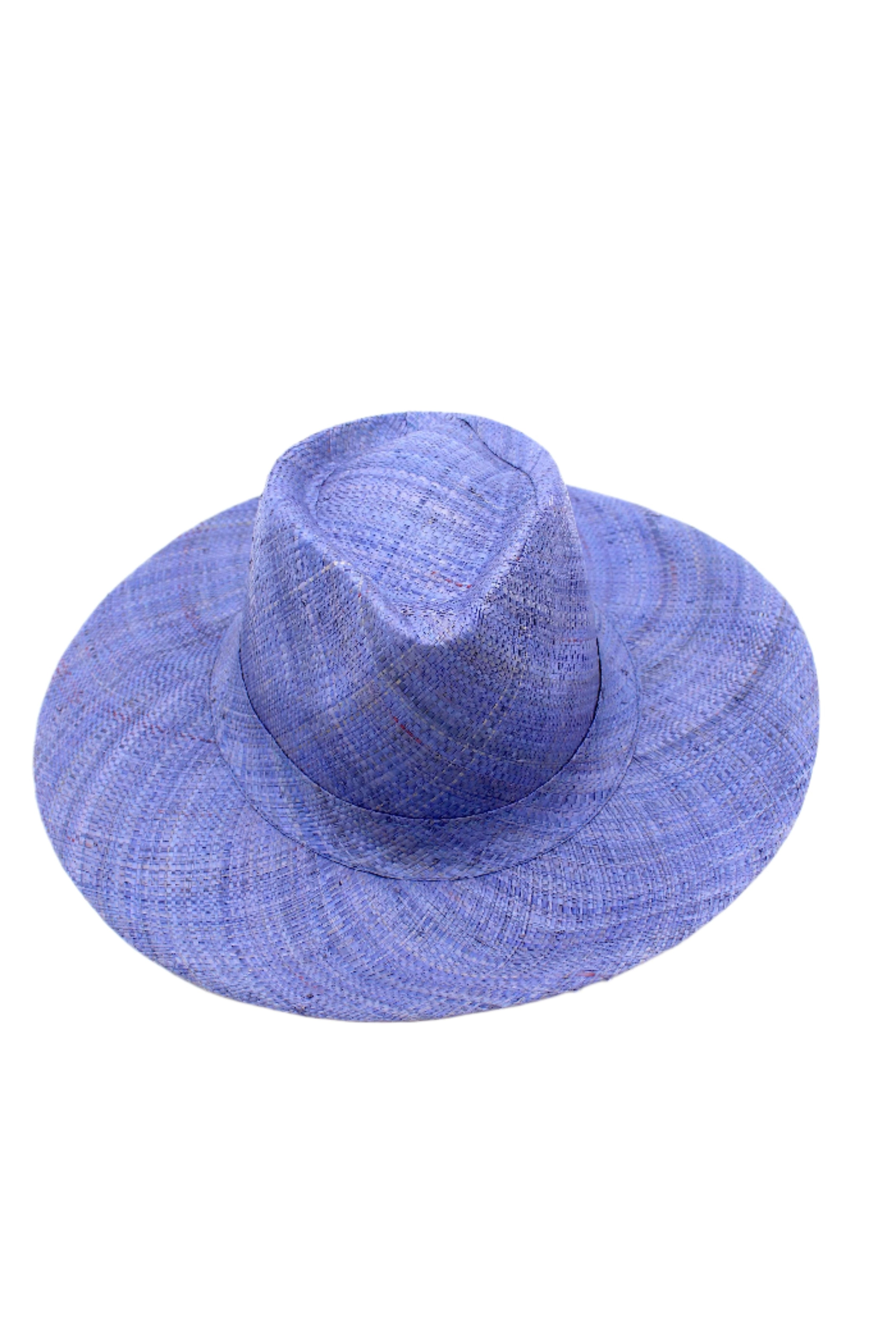 Jamie Panama 3" brim handmade loomed raffia in a solid hue of denim retro/light/blue with attached matching hat band uv/sun protection lightweight breathable straw sun hat - Shebobo