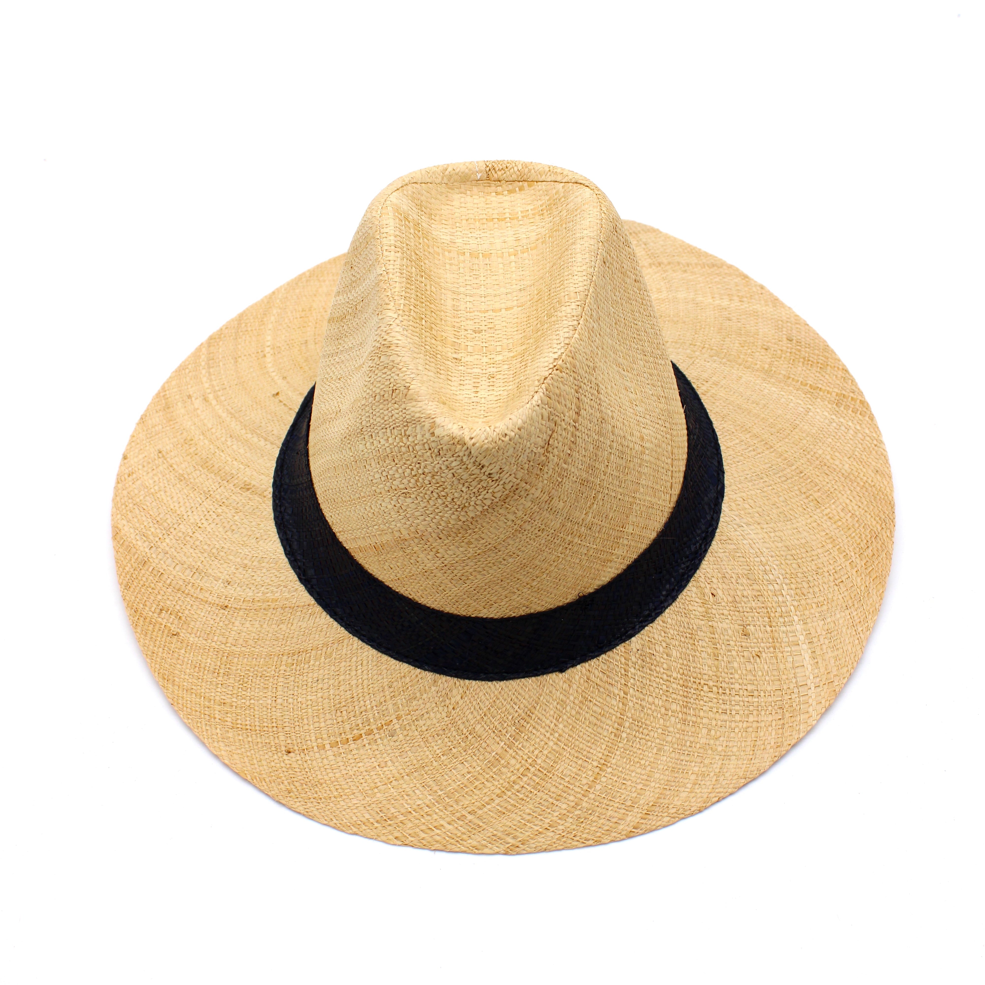 Jamie Panama 3" brim handmade loomed raffia in a solid hue of natural straw color with attached black hat band uv/sun protection lightweight breathable straw sun hat - Shebobo